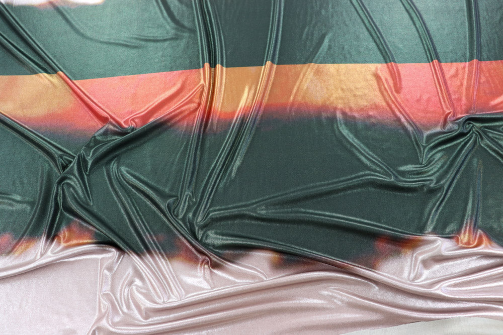 Green & Orange Abstract Stripe Foil High Stretch Jersey Fabric