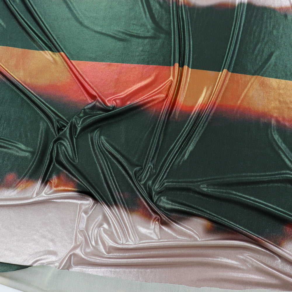 Green & Orange Abstract Stripe Foil High Stretch Jersey Fabric