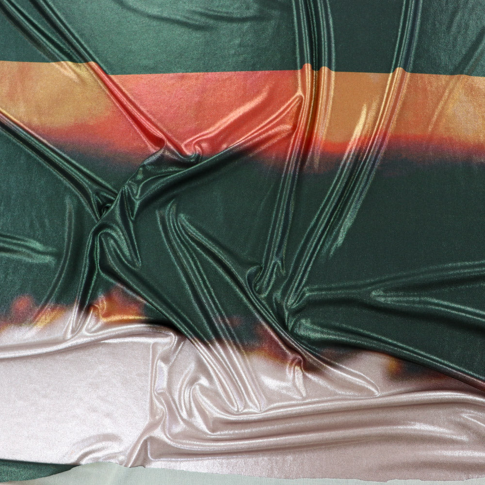 Green & Orange Abstract Stripe Foil High Stretch Jersey Fabric