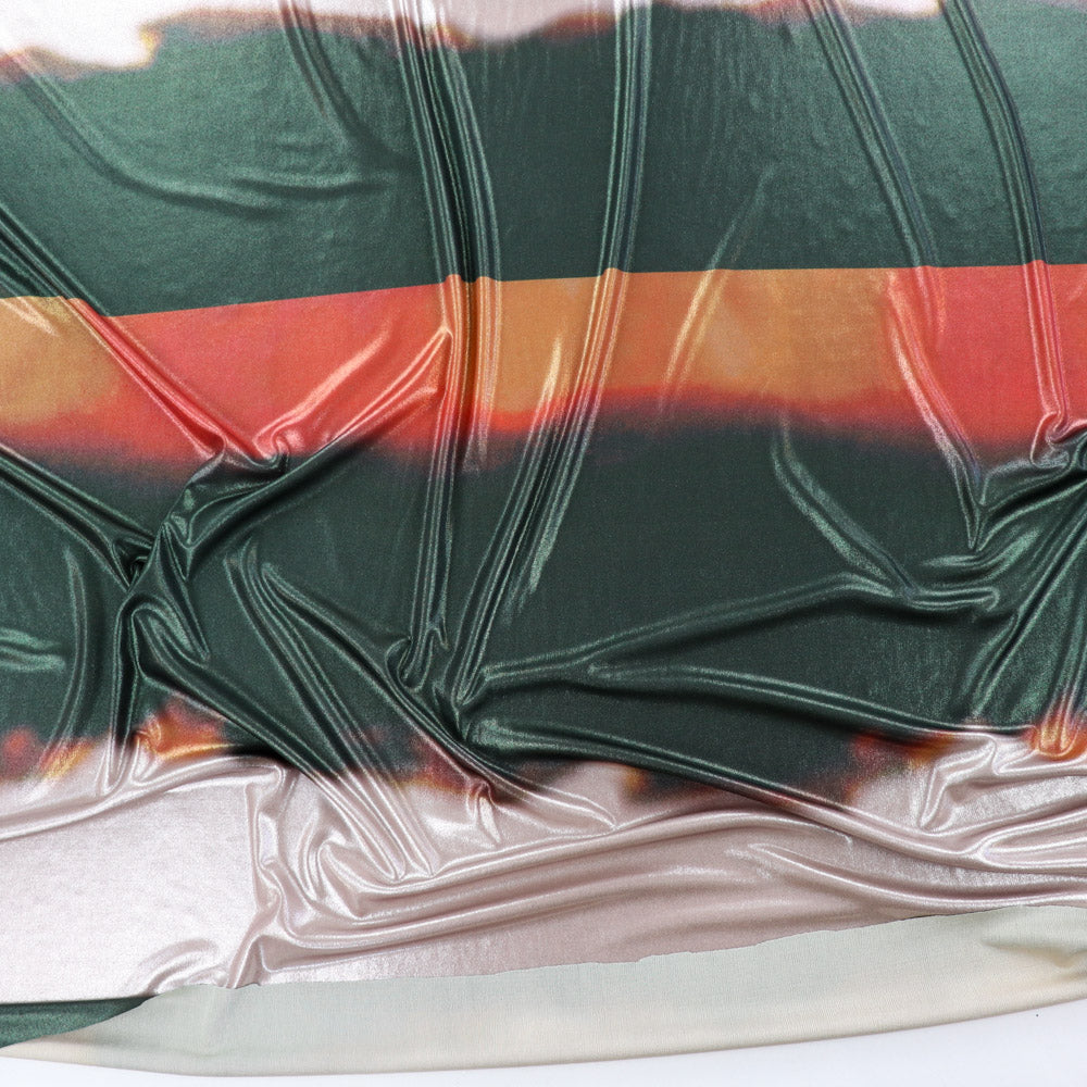 Green & Orange Abstract Stripe Foil High Stretch Jersey Fabric