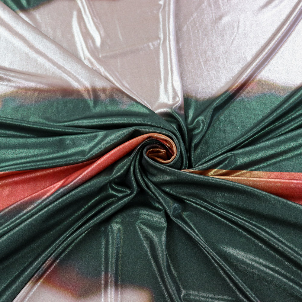 Green & Orange Abstract Stripe Foil High Stretch Jersey Fabric