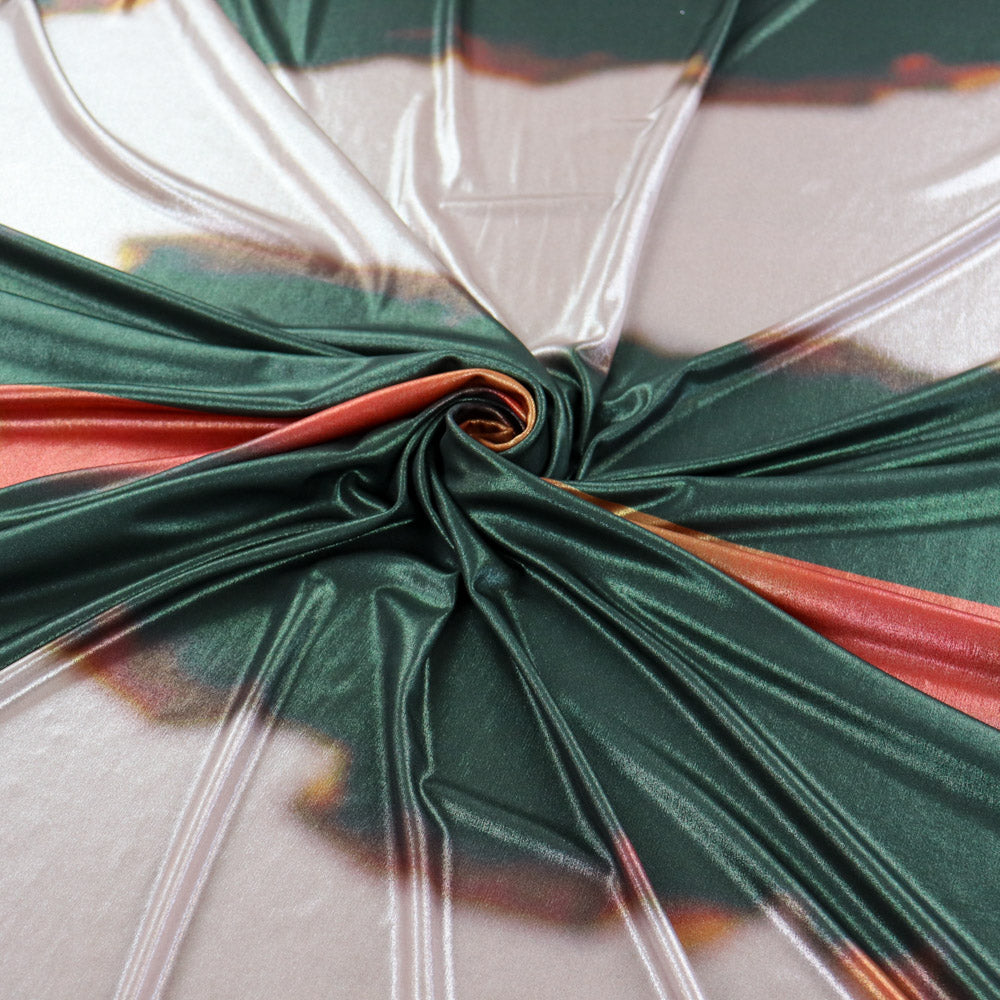 Green & Orange Abstract Stripe Foil High Stretch Jersey Fabric