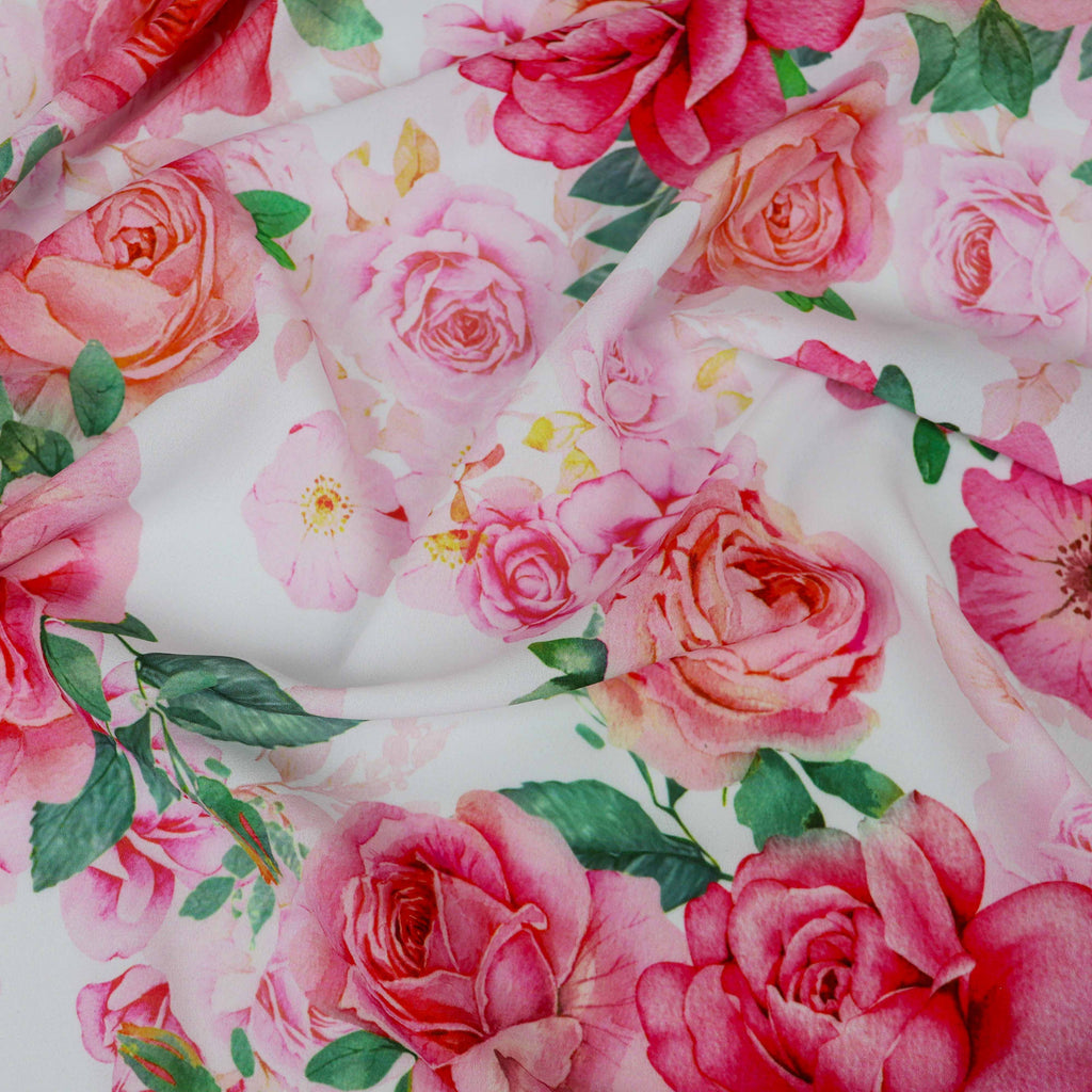 Pink Coral Watercolour Rose Woven Crepe Dress Fabric
