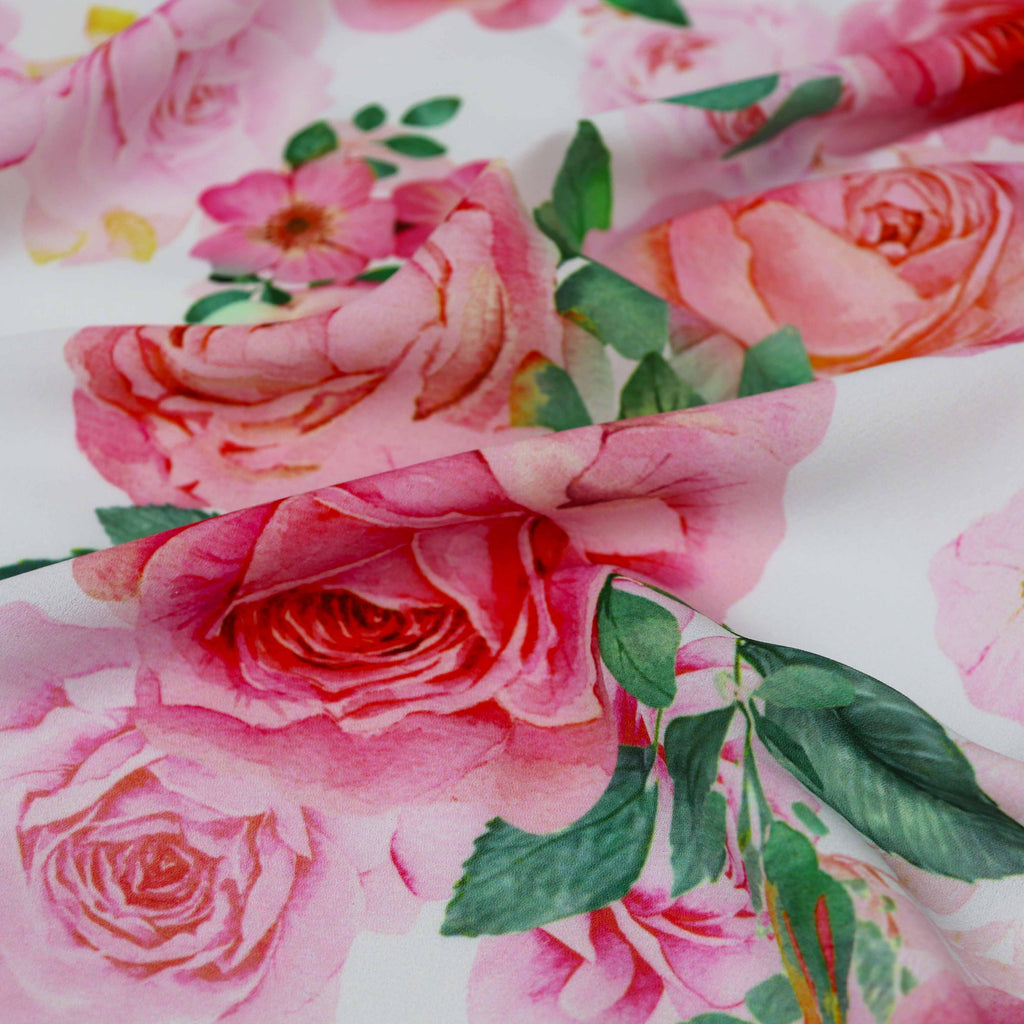 Pink Coral Watercolour Rose Woven Crepe Dress Fabric