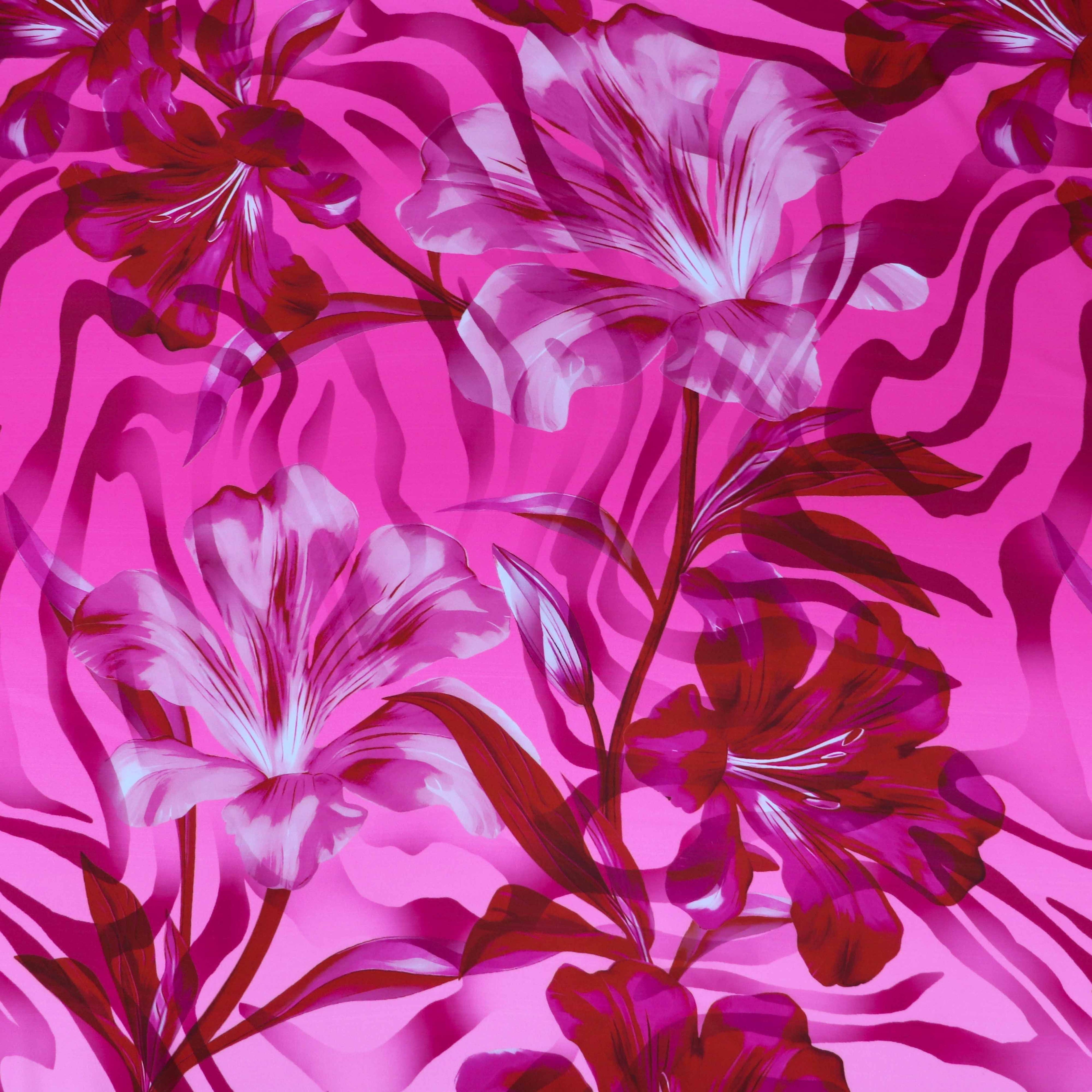 Pink Red Floral Zebra Print Woven Crepe Dress Fabric