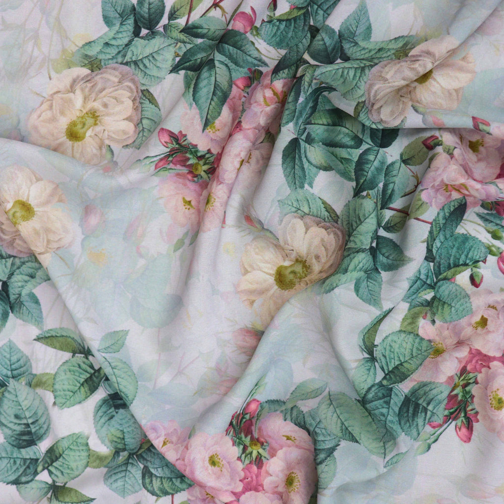 Blush Pink Vintage Rose Floral Woven Crepe Dress Fabric