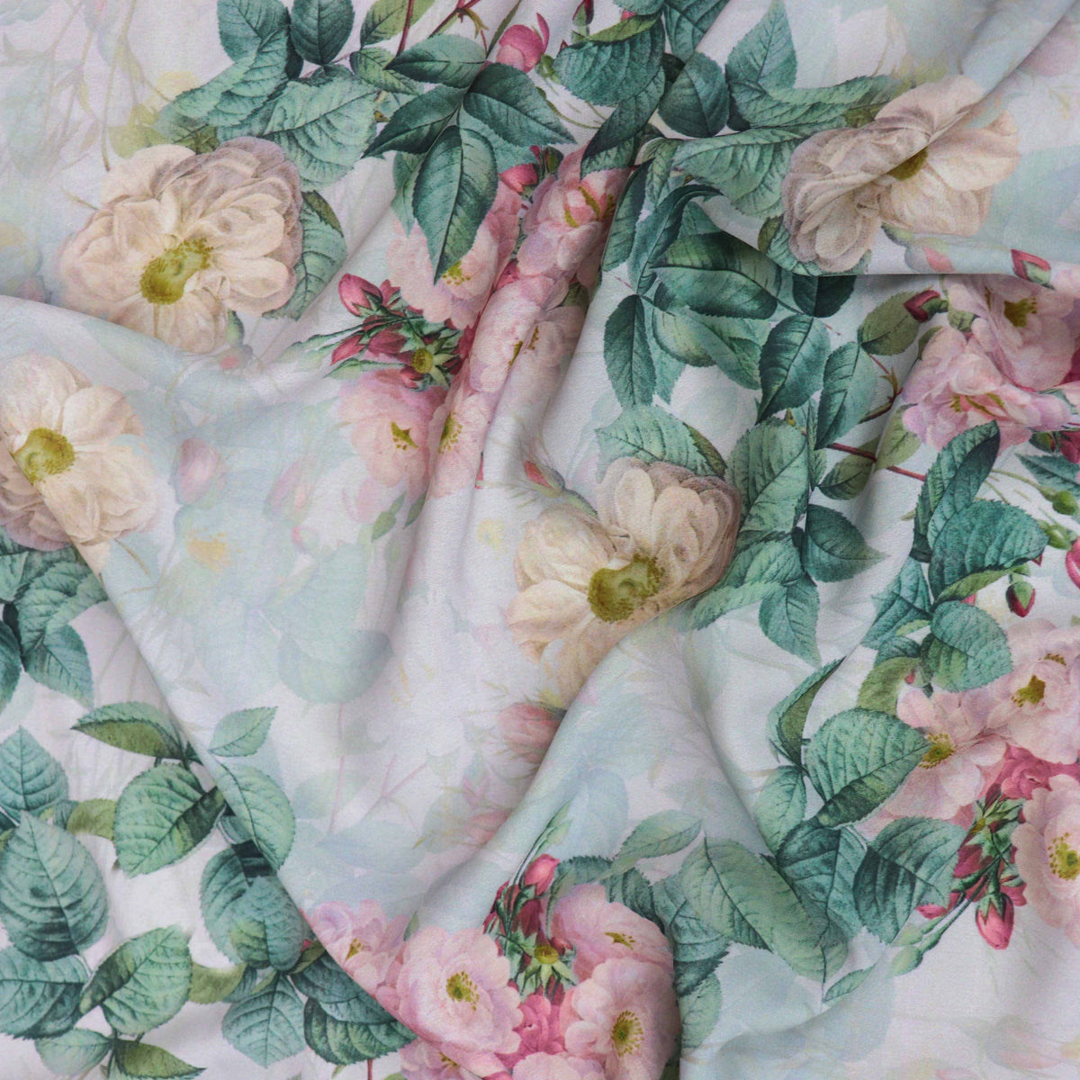 Blush Pink Vintage Rose Floral Woven Crepe Dress Fabric