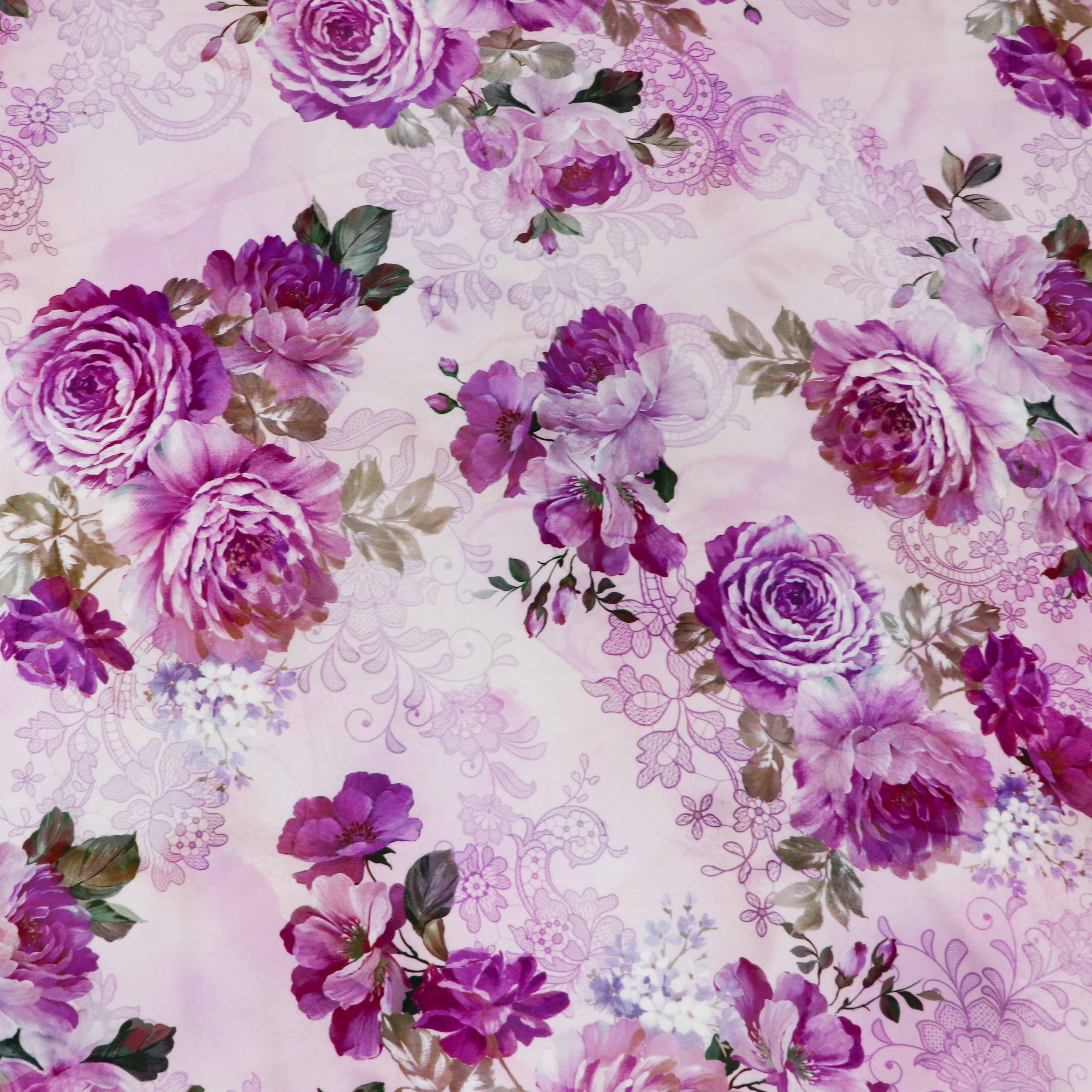 Pink Lilac Rose and Lace Print Woven Crepe Dress Fabric