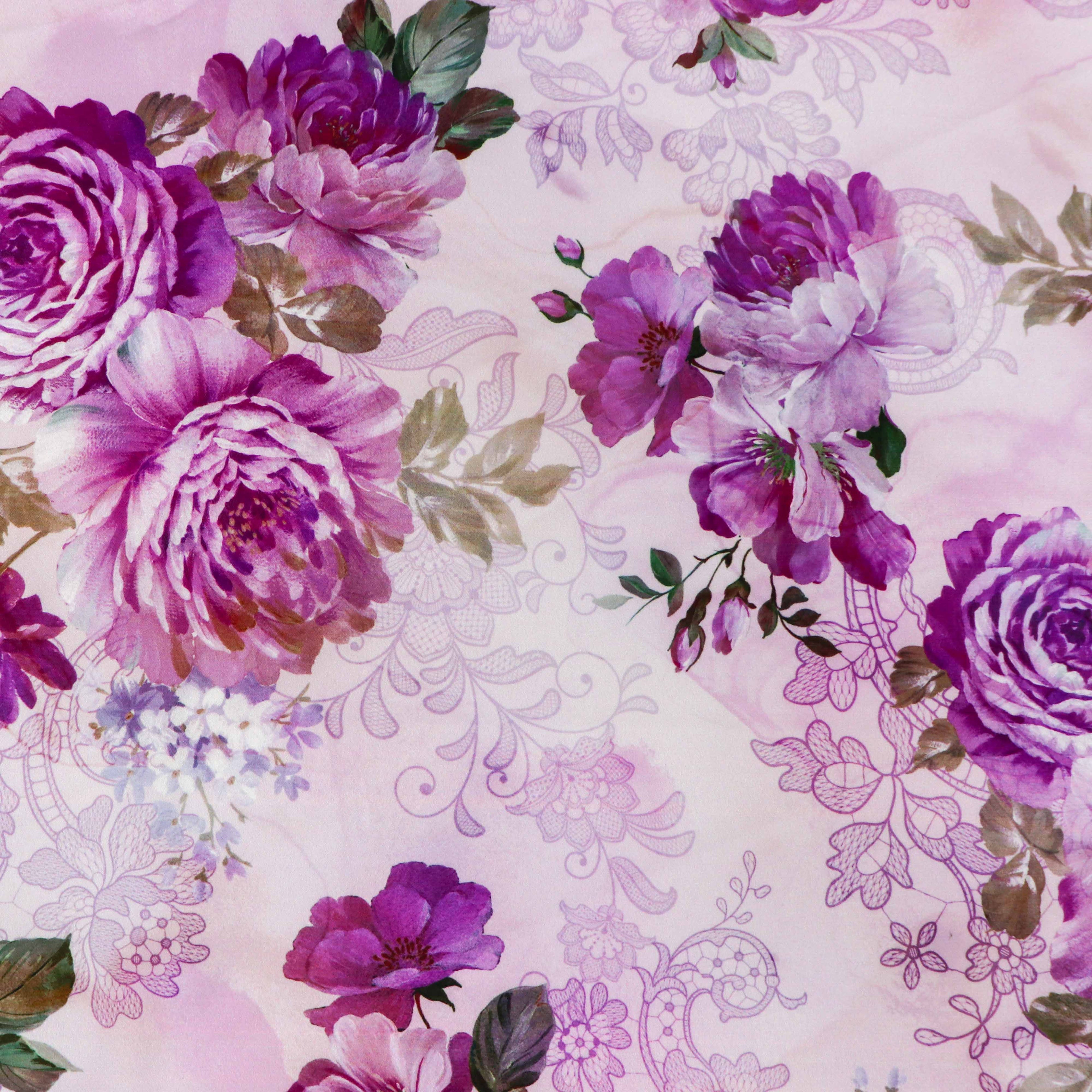 Pink Lilac Rose and Lace Print Woven Crepe Dress Fabric