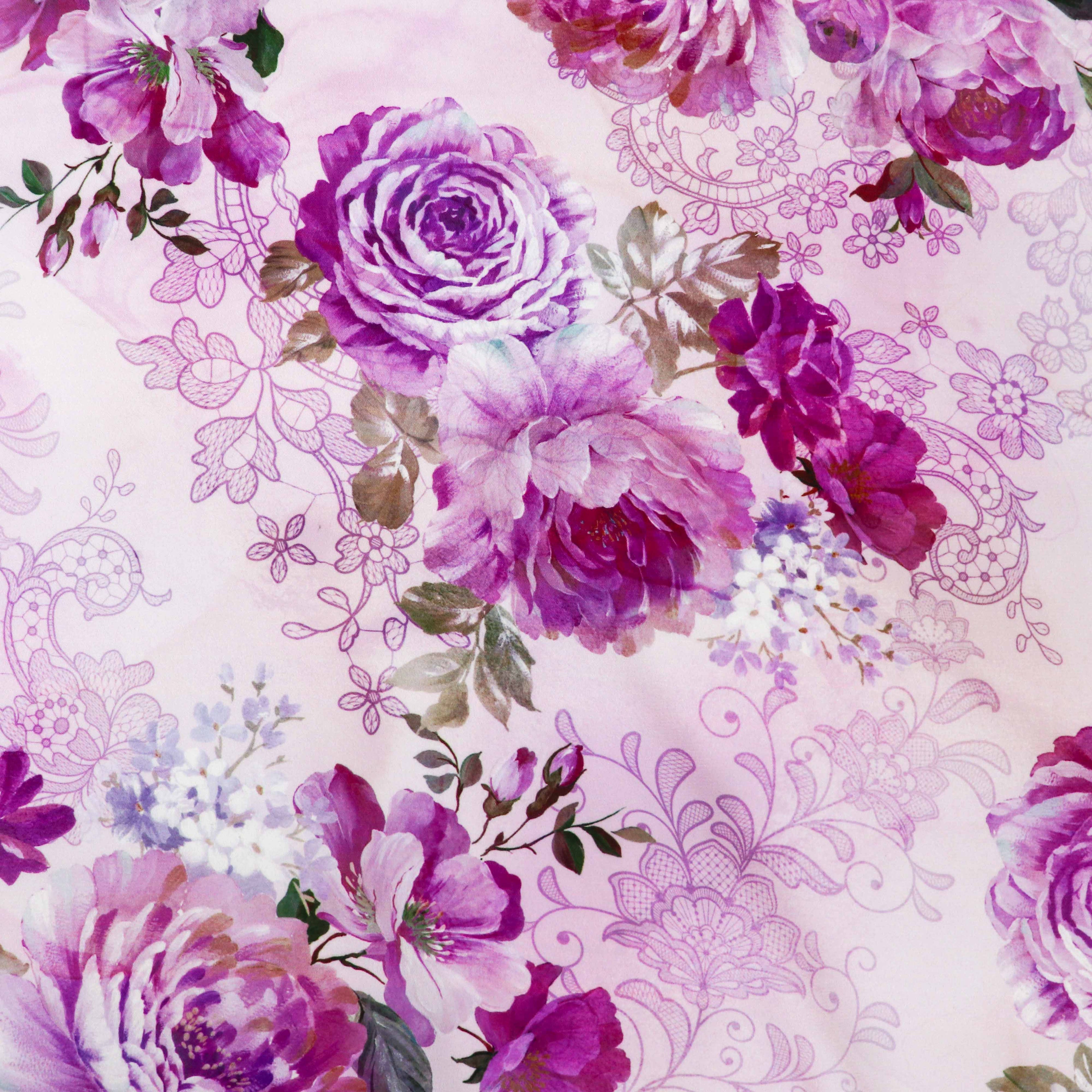 Pink Lilac Rose and Lace Print Woven Crepe Dress Fabric