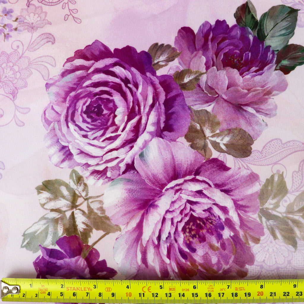 Pink Lilac Rose and Lace Print Woven Crepe Dress Fabric