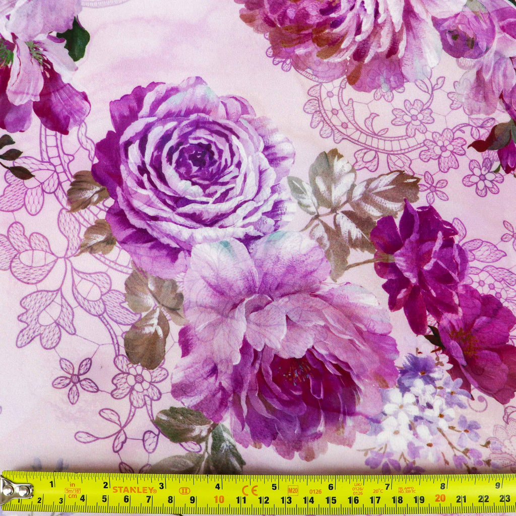 Pink Lilac Rose and Lace Print Woven Crepe Dress Fabric