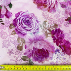 Pink Lilac Rose and Lace Print Woven Crepe Dress Fabric