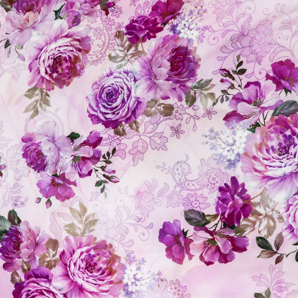 Pink Lilac Rose and Lace Print Woven Crepe Dress Fabric