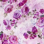 Pink Lilac Rose and Lace Print Woven Crepe Dress Fabric