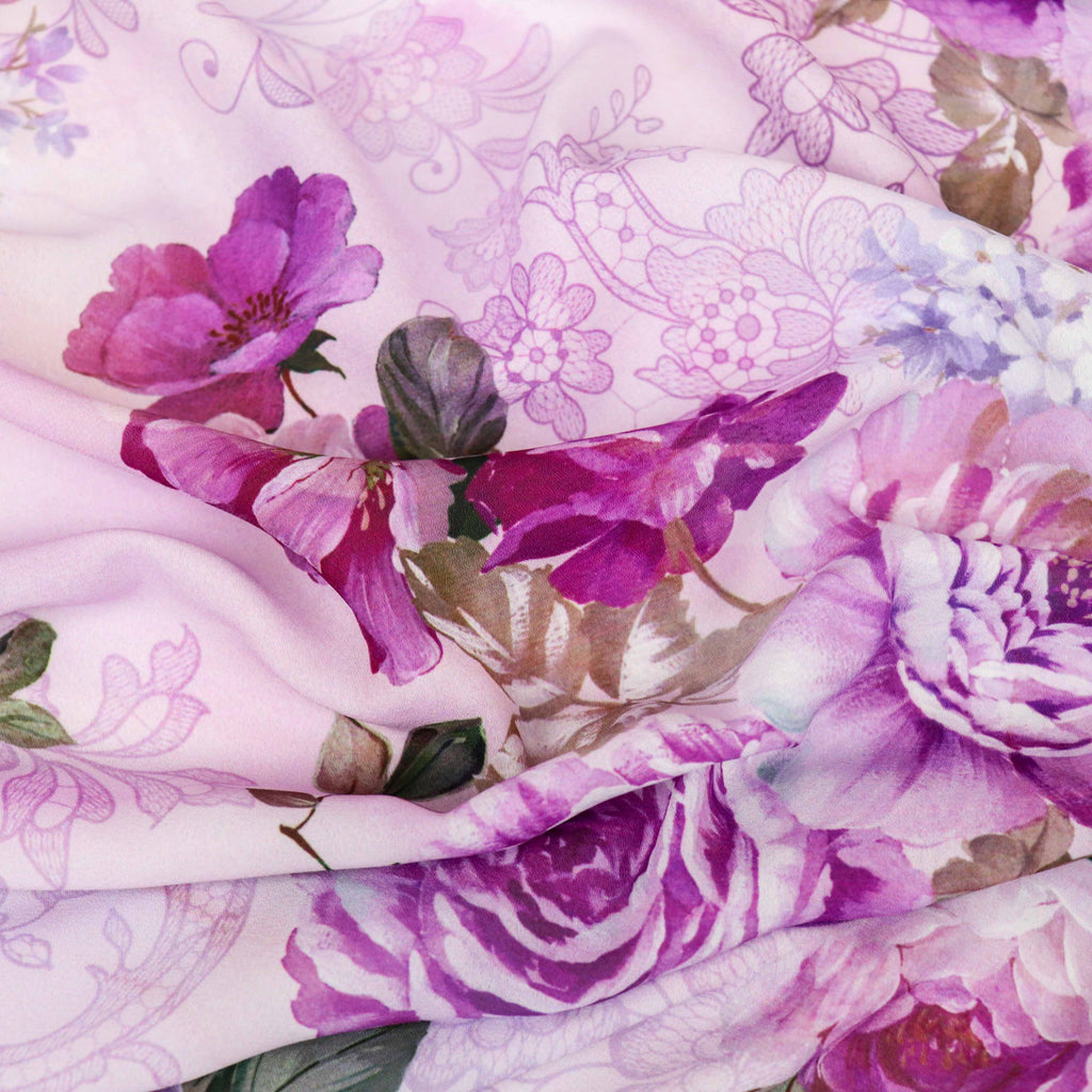 Pink Lilac Rose and Lace Print Woven Crepe Dress Fabric
