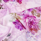 Pink Lilac Rose and Lace Print Woven Crepe Dress Fabric