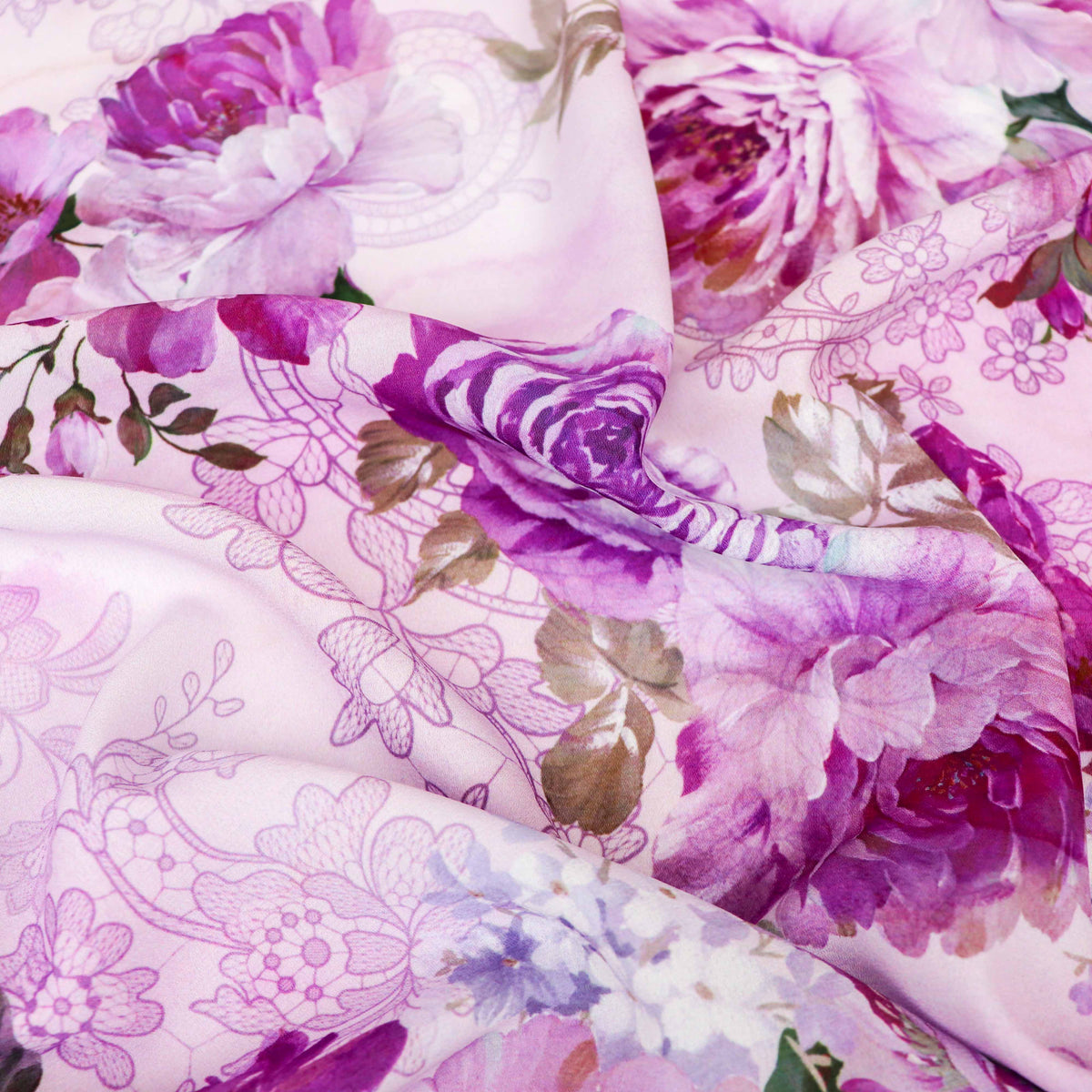 Pink Lilac Rose and Lace Print Woven Crepe Dress Fabric