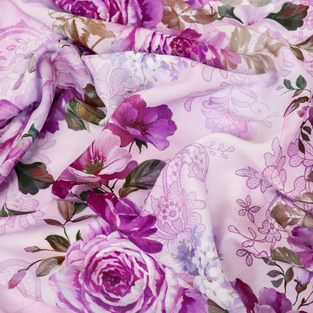 Pink Lilac Rose and Lace Print Woven Crepe Dress Fabric