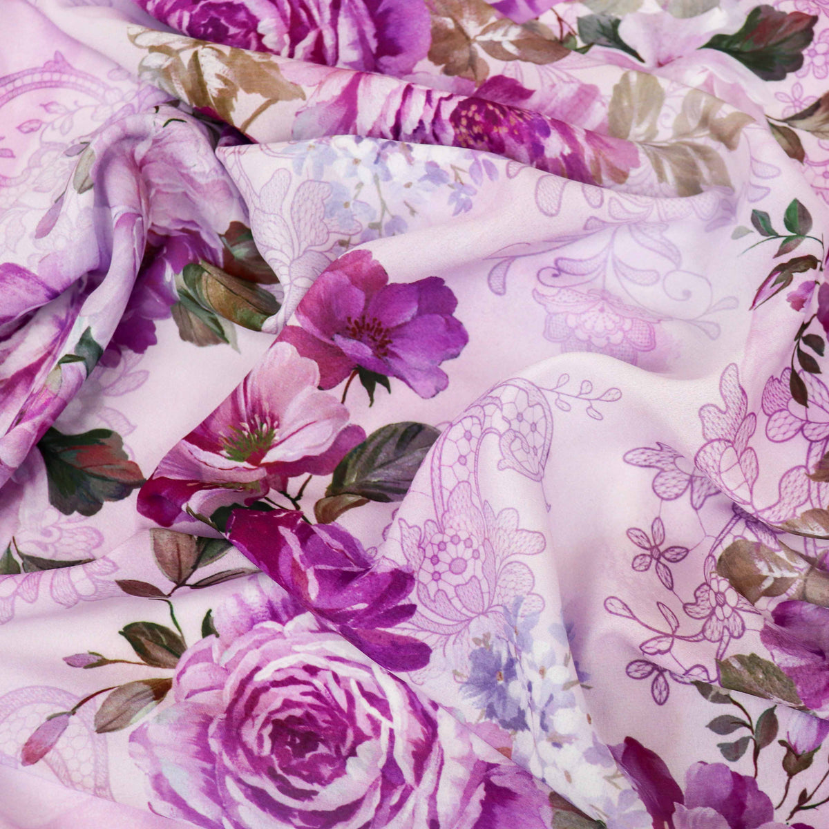 Pink Lilac Rose and Lace Print Woven Crepe Dress Fabric