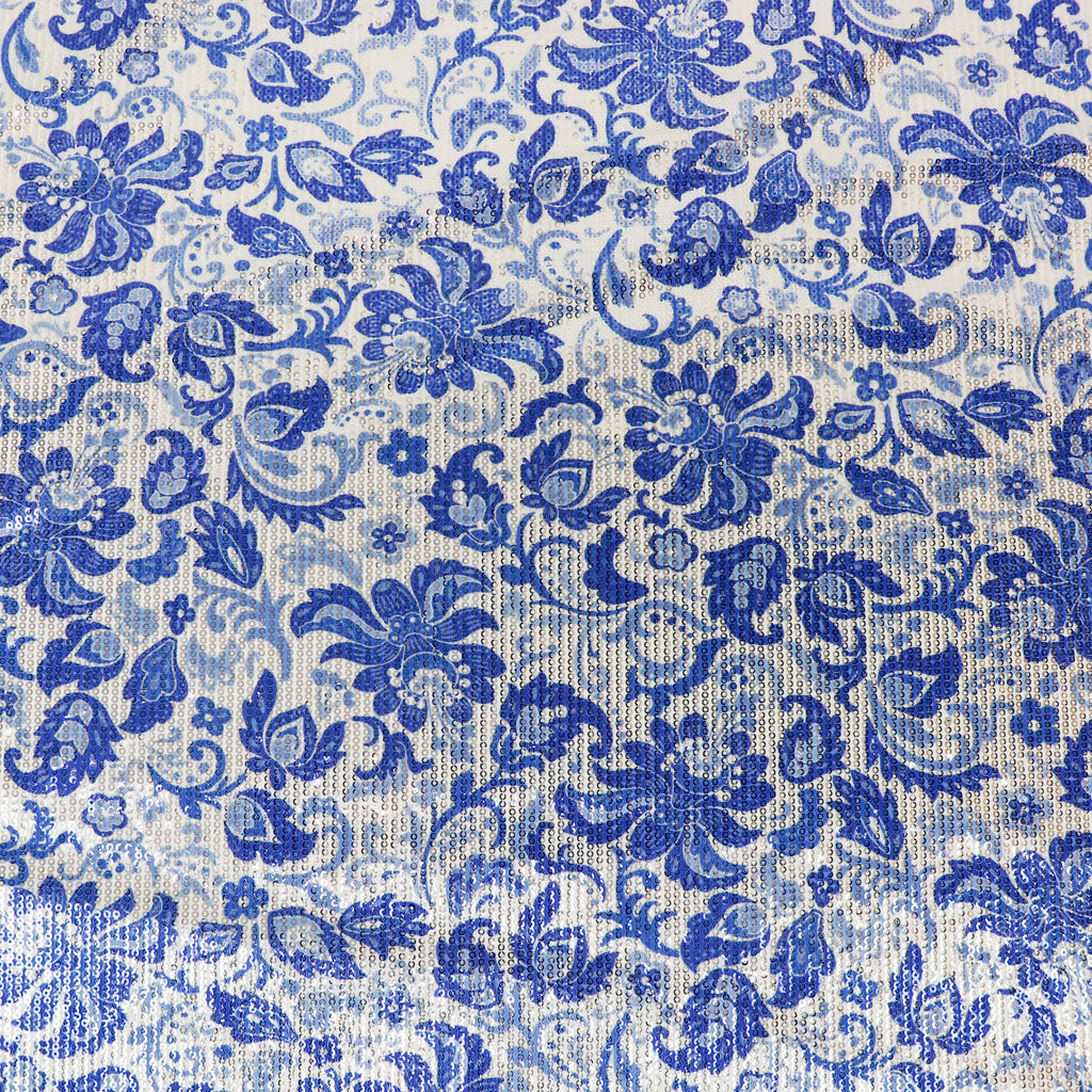Blue & White Porcelain Floral Print Stretch Sequin Fabric