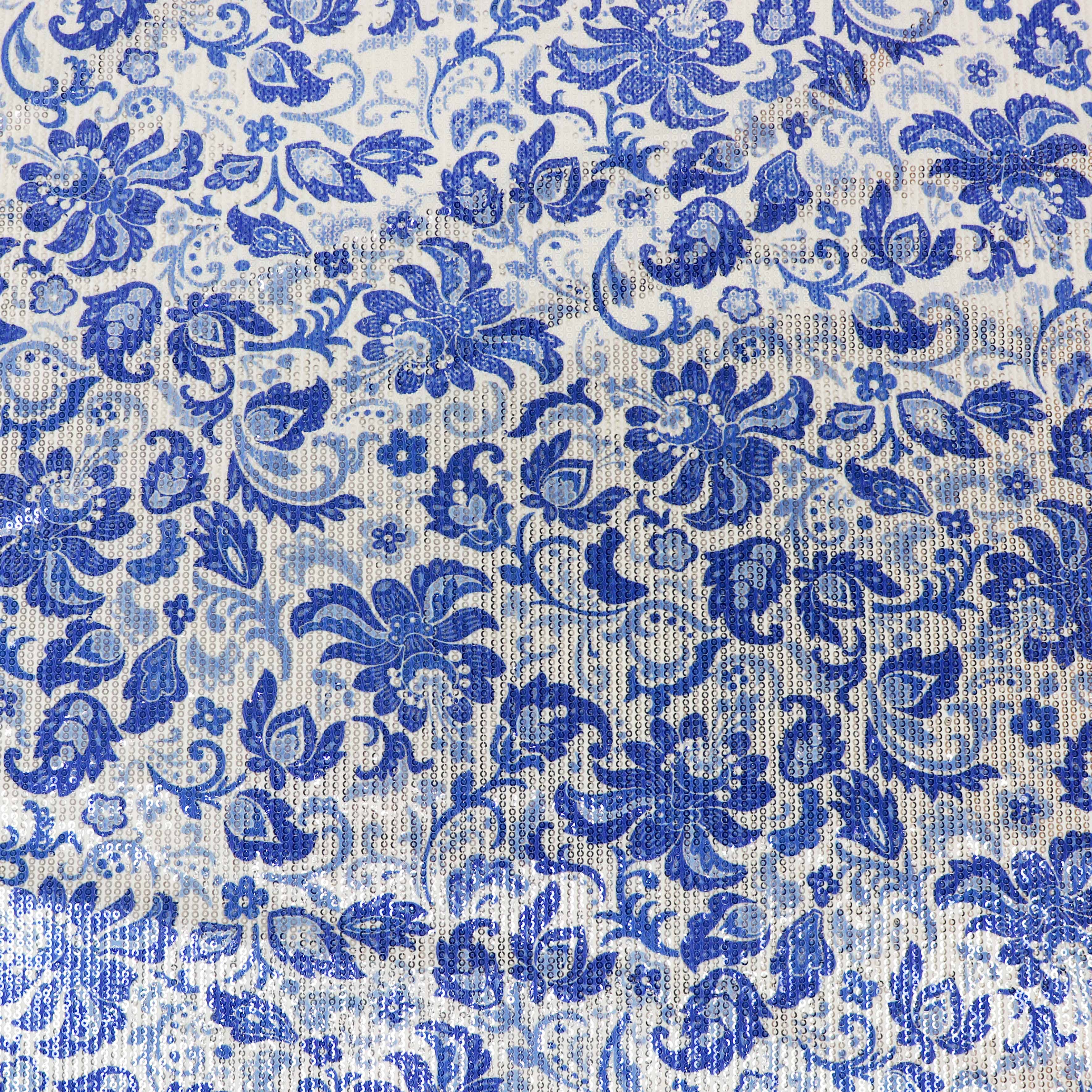Blue & White Porcelain Floral Print Stretch Sequin Fabric