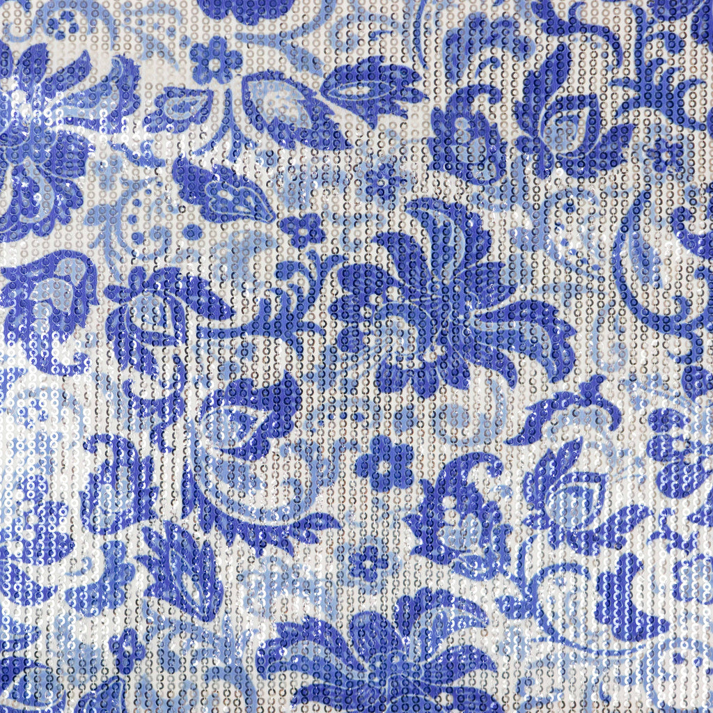Blue & White Porcelain Floral Print Stretch Sequin Fabric