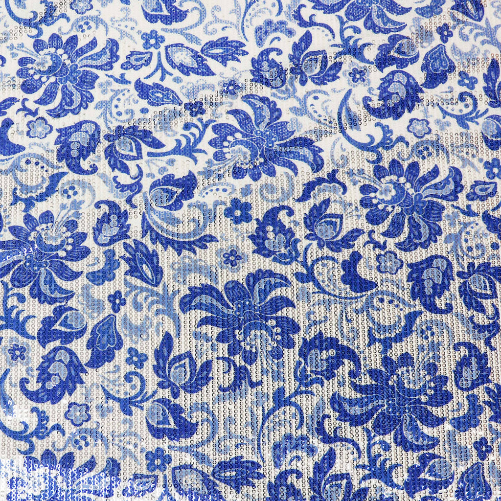 Blue & White Porcelain Floral Print Stretch Sequin Fabric