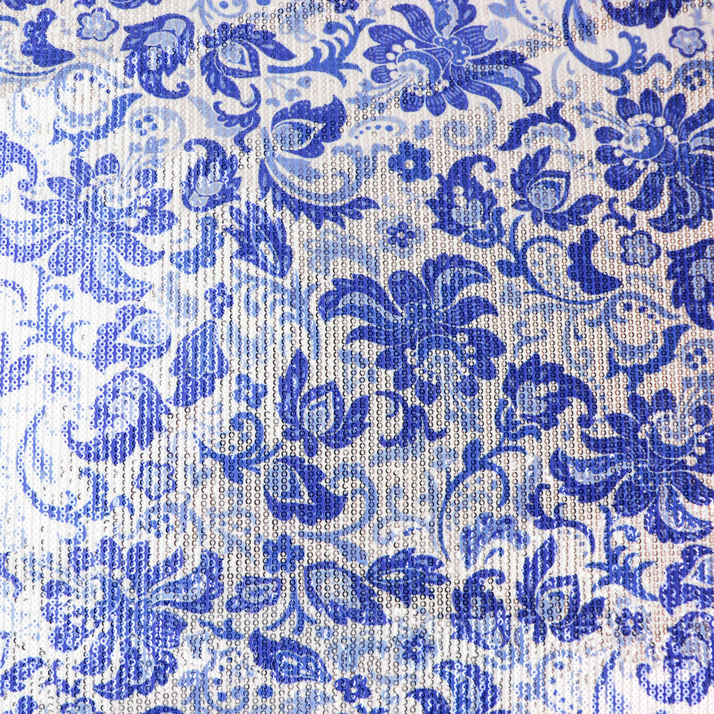 Blue & White Porcelain Floral Print Stretch Sequin Fabric