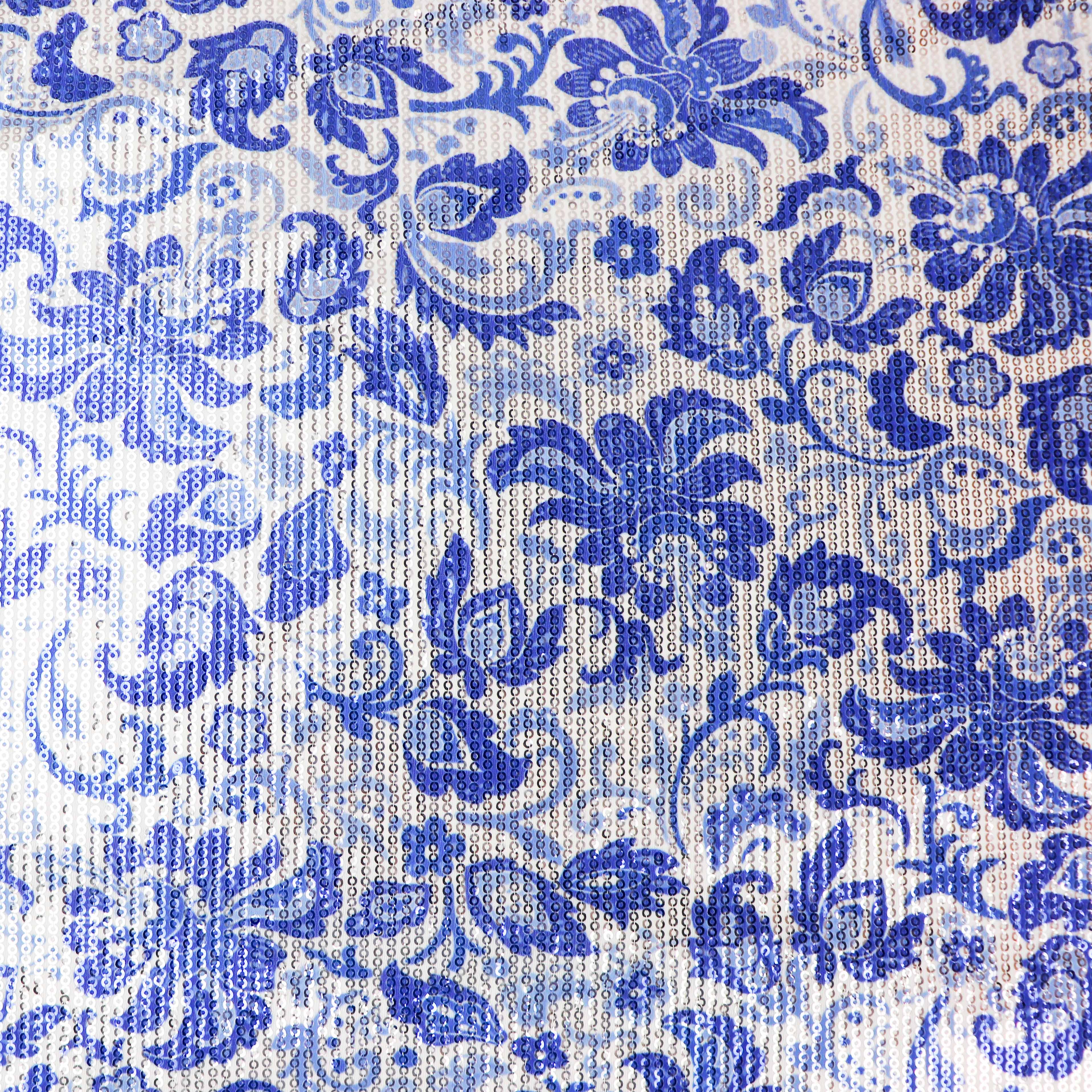 Blue & White Porcelain Floral Print Stretch Sequin Fabric