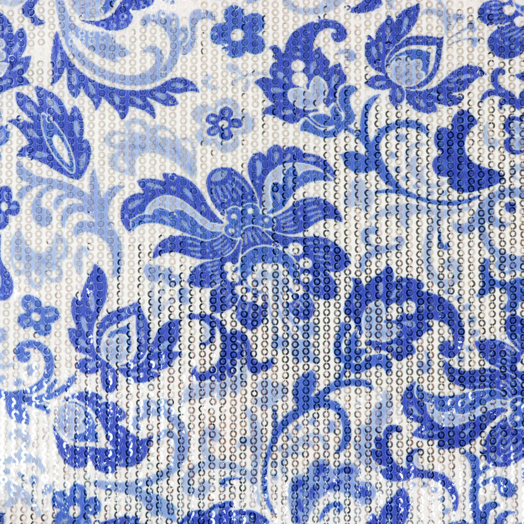 Blue & White Porcelain Floral Print Stretch Sequin Fabric