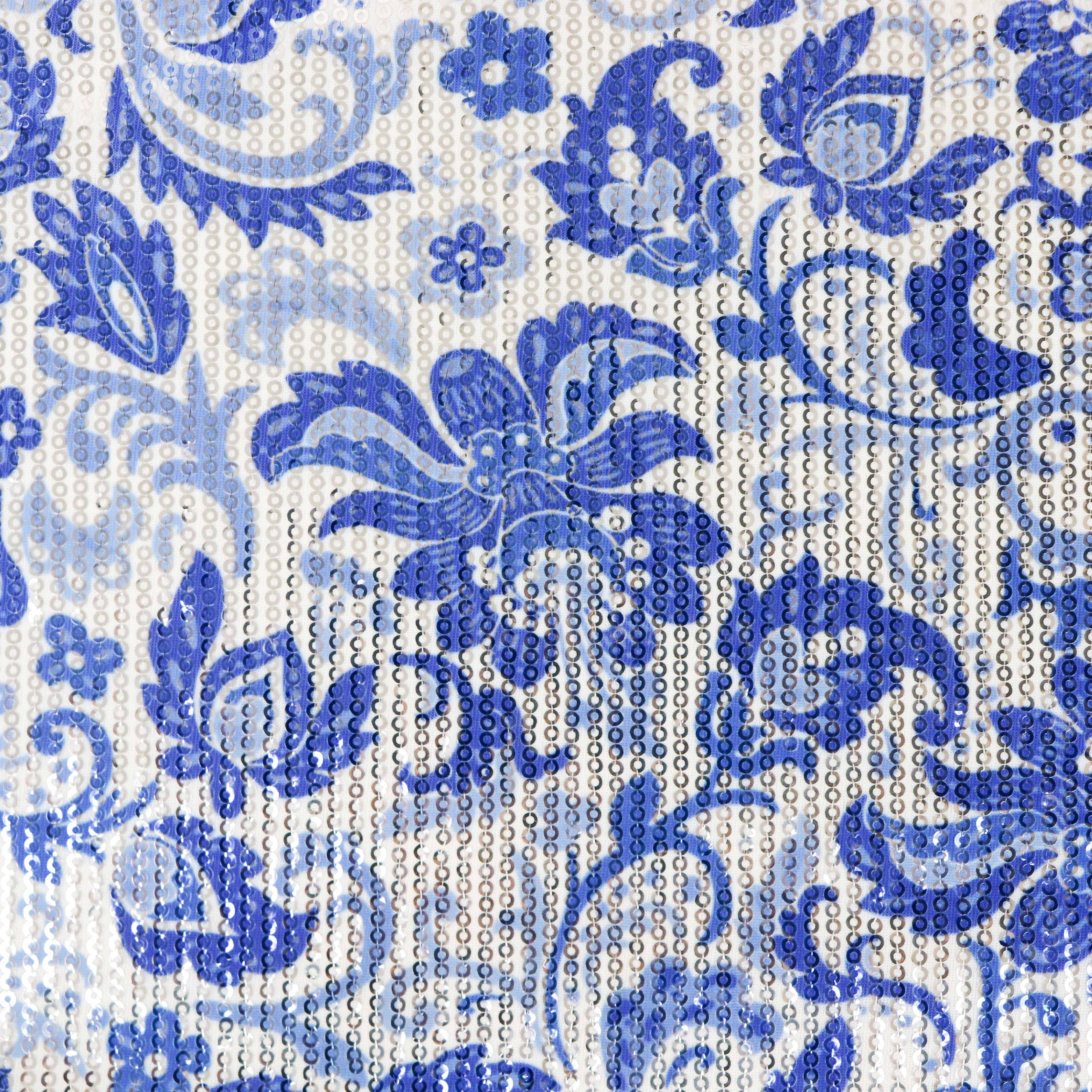 Blue & White Porcelain Floral Print Stretch Sequin Fabric
