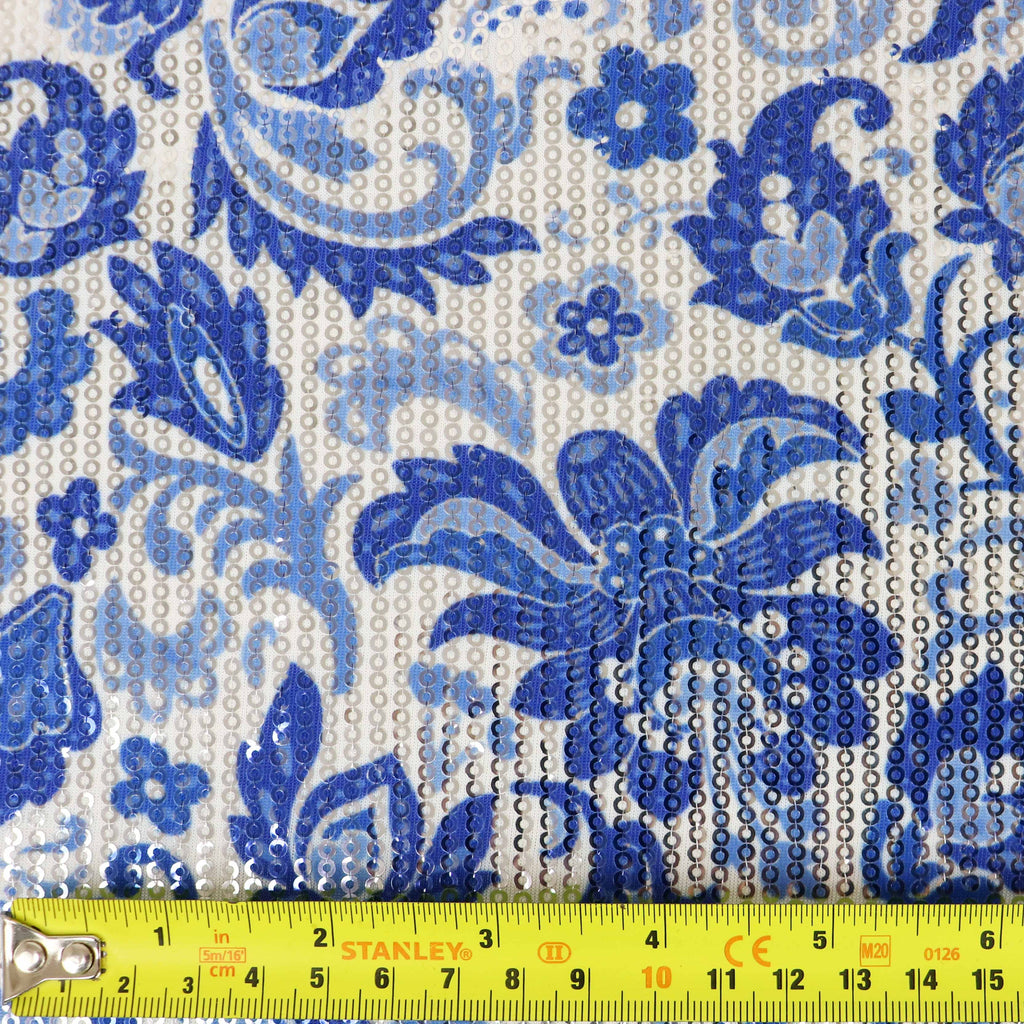 Blue & White Porcelain Floral Print Stretch Sequin Fabric