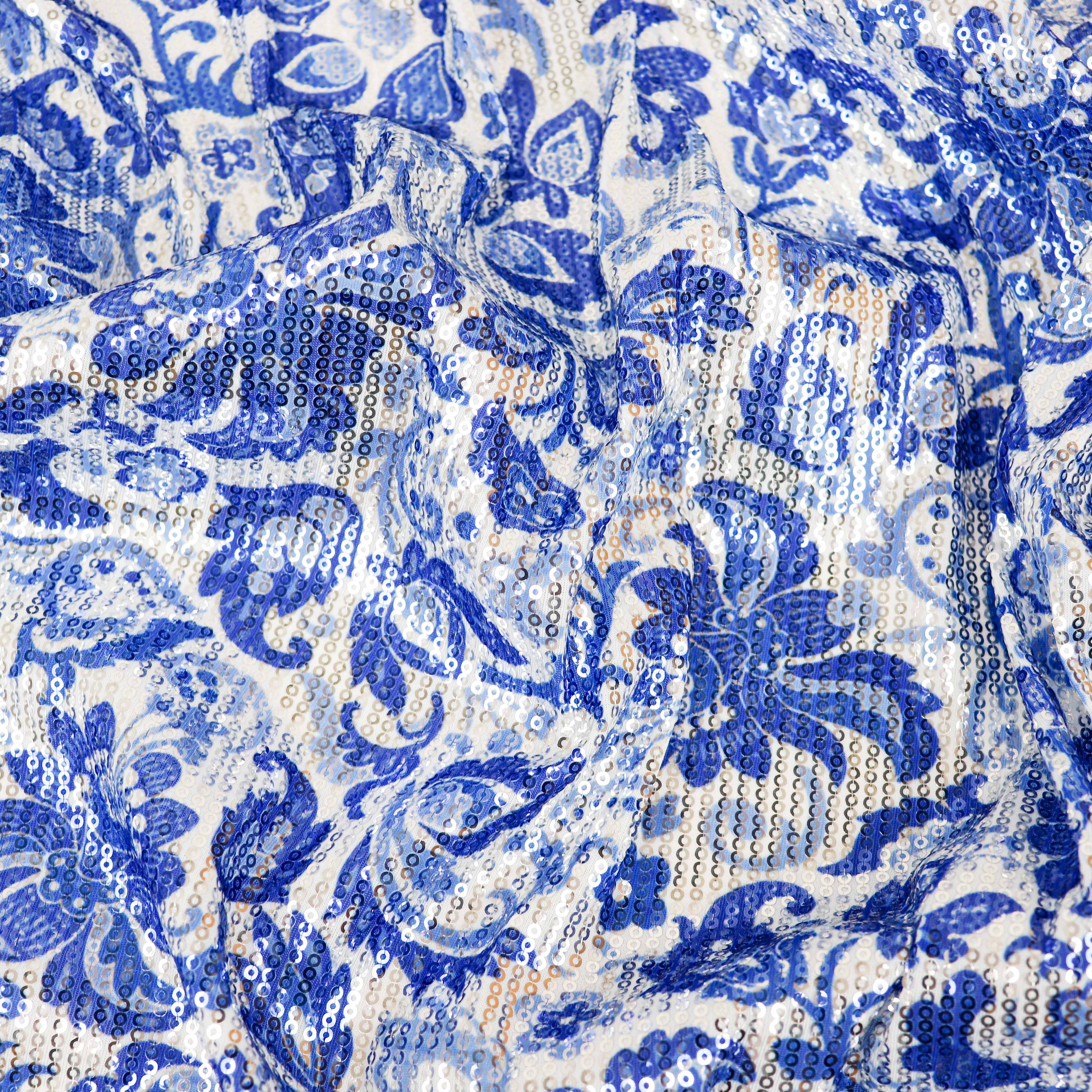 Blue & White Porcelain Floral Print Stretch Sequin Fabric