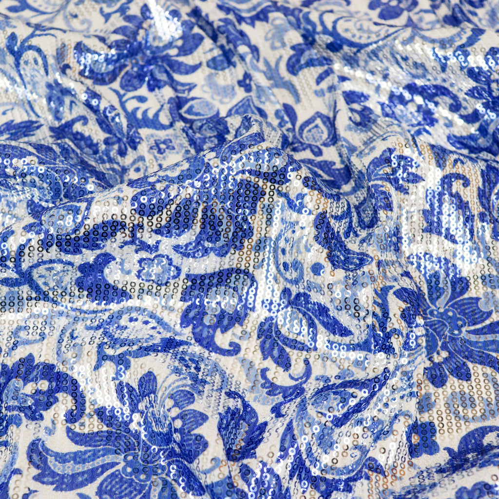 Blue & White Porcelain Floral Print Stretch Sequin Fabric