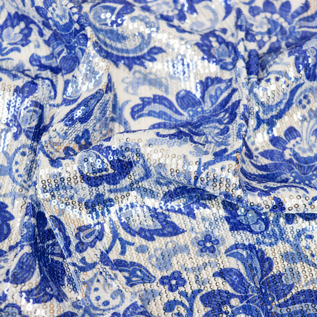 Blue & White Porcelain Floral Print Stretch Sequin Fabric