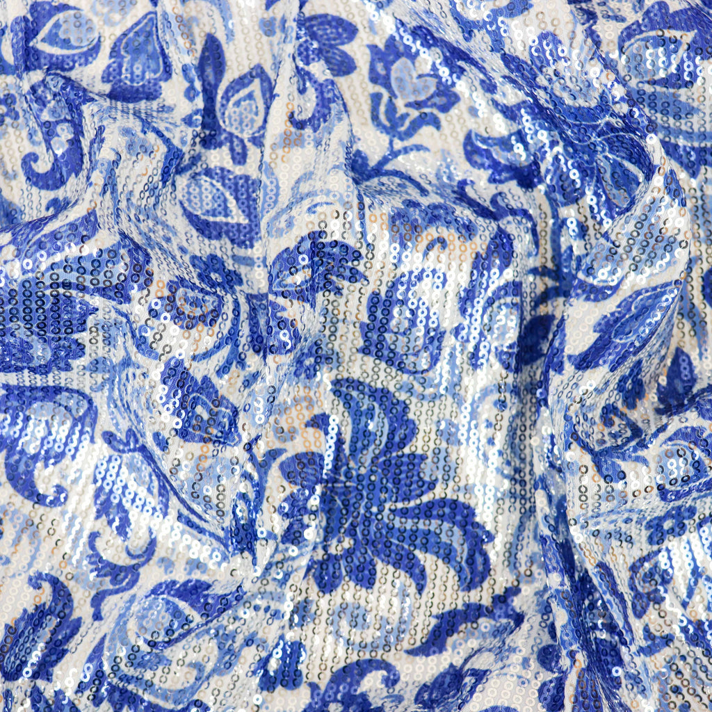 Blue & White Porcelain Floral Print Stretch Sequin Fabric