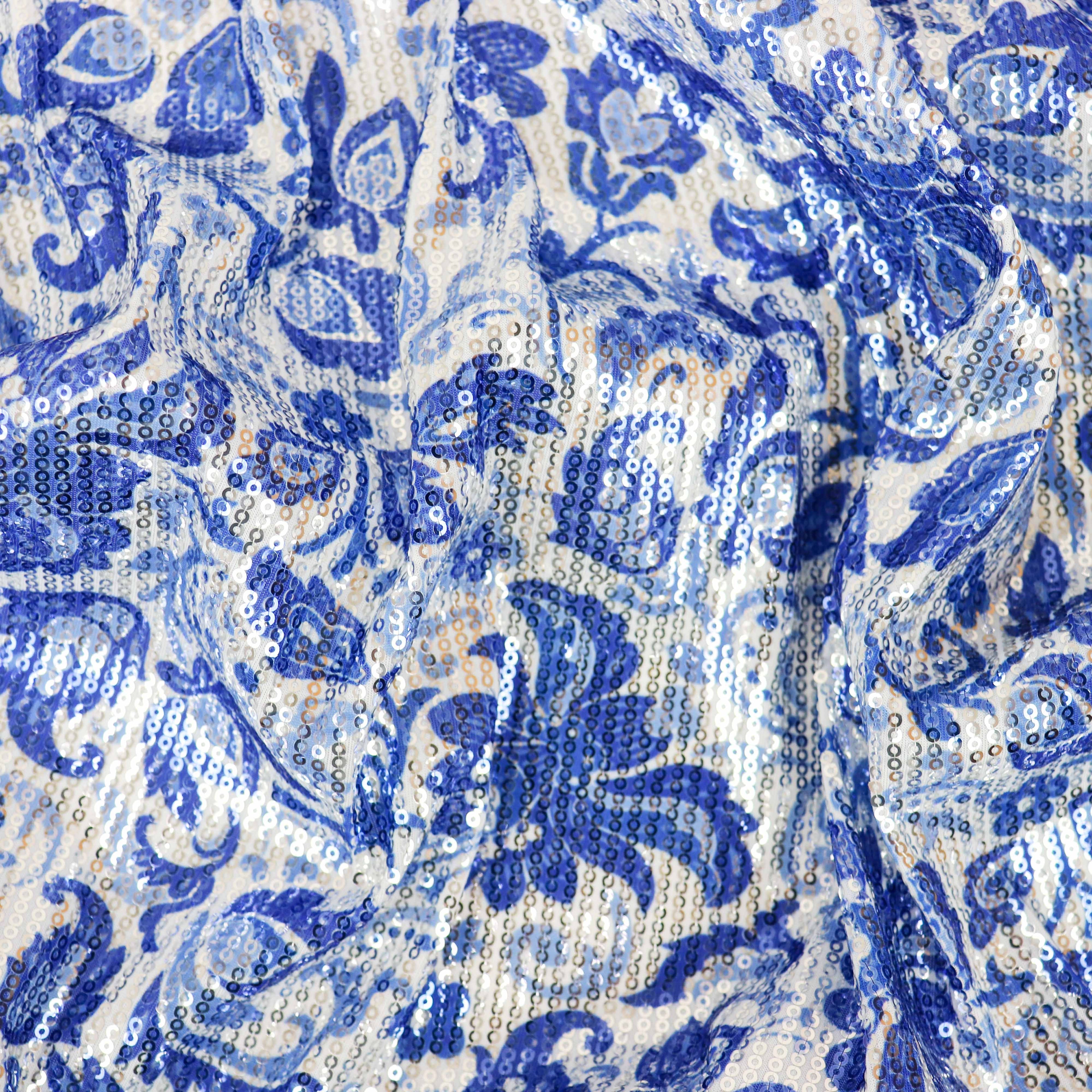 Blue & White Porcelain Floral Print Stretch Sequin Fabric