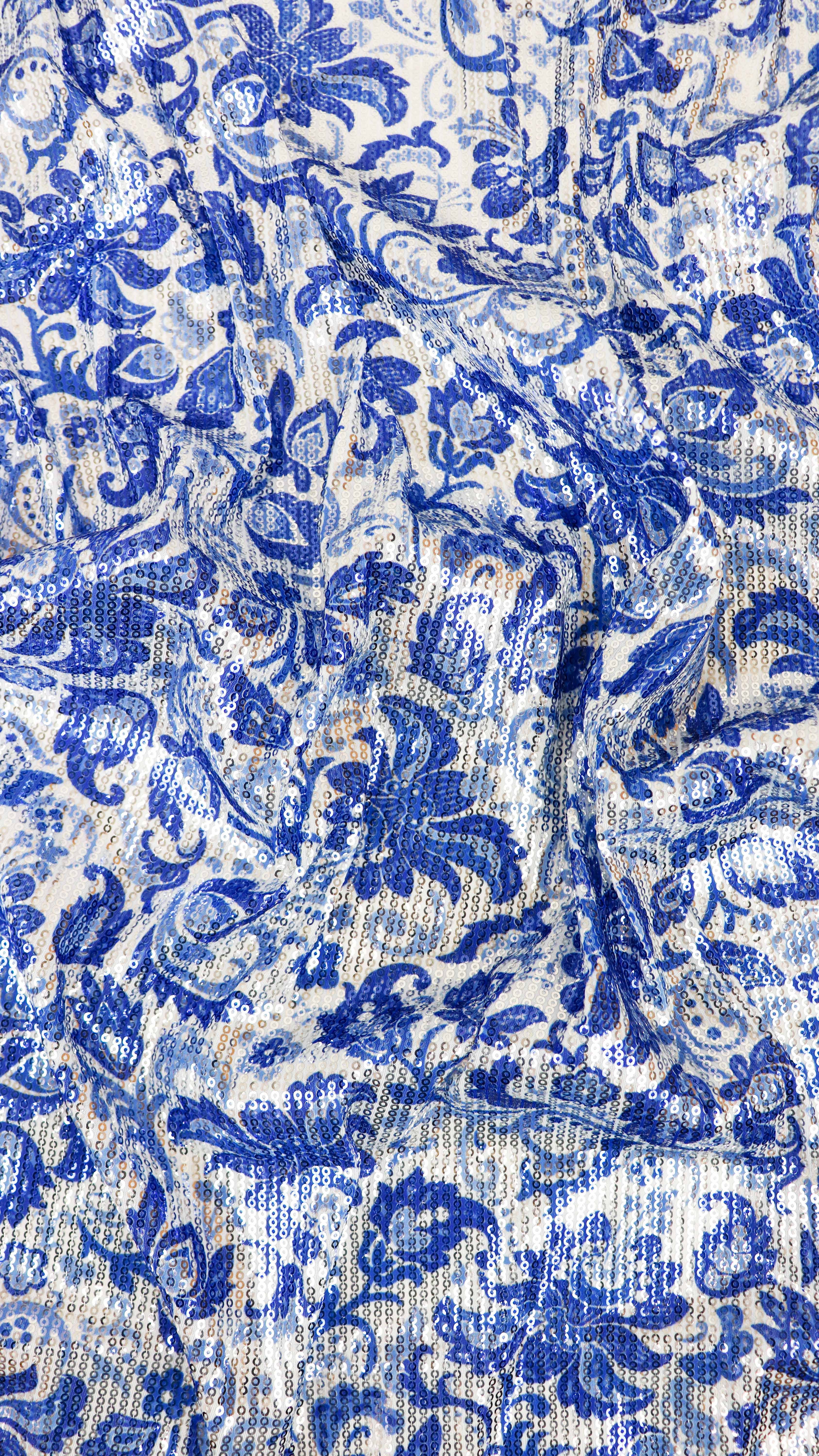 Blue & White Porcelain Floral Print Stretch Sequin Fabric