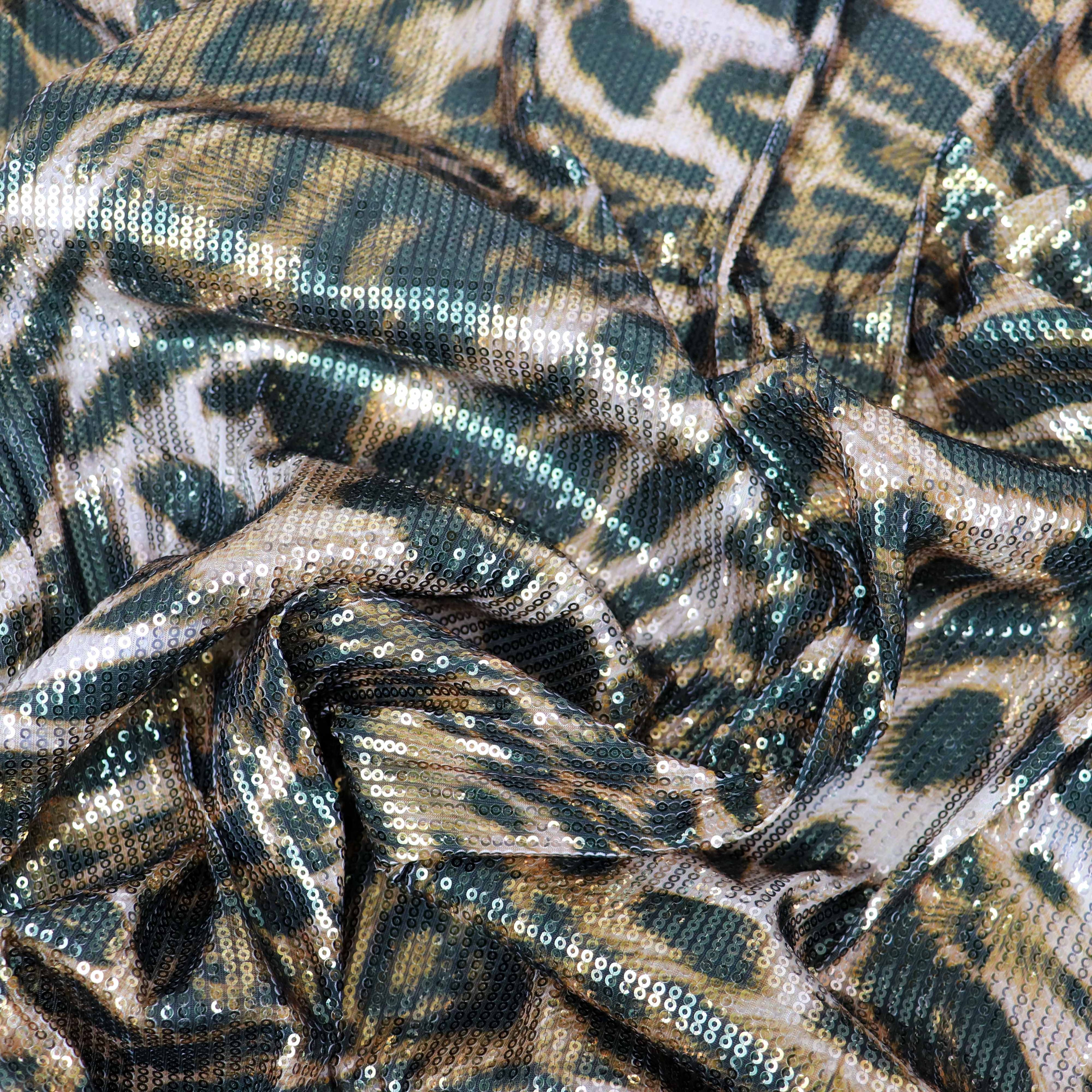 Brown Leopard Print Stretch Sequin Fabric