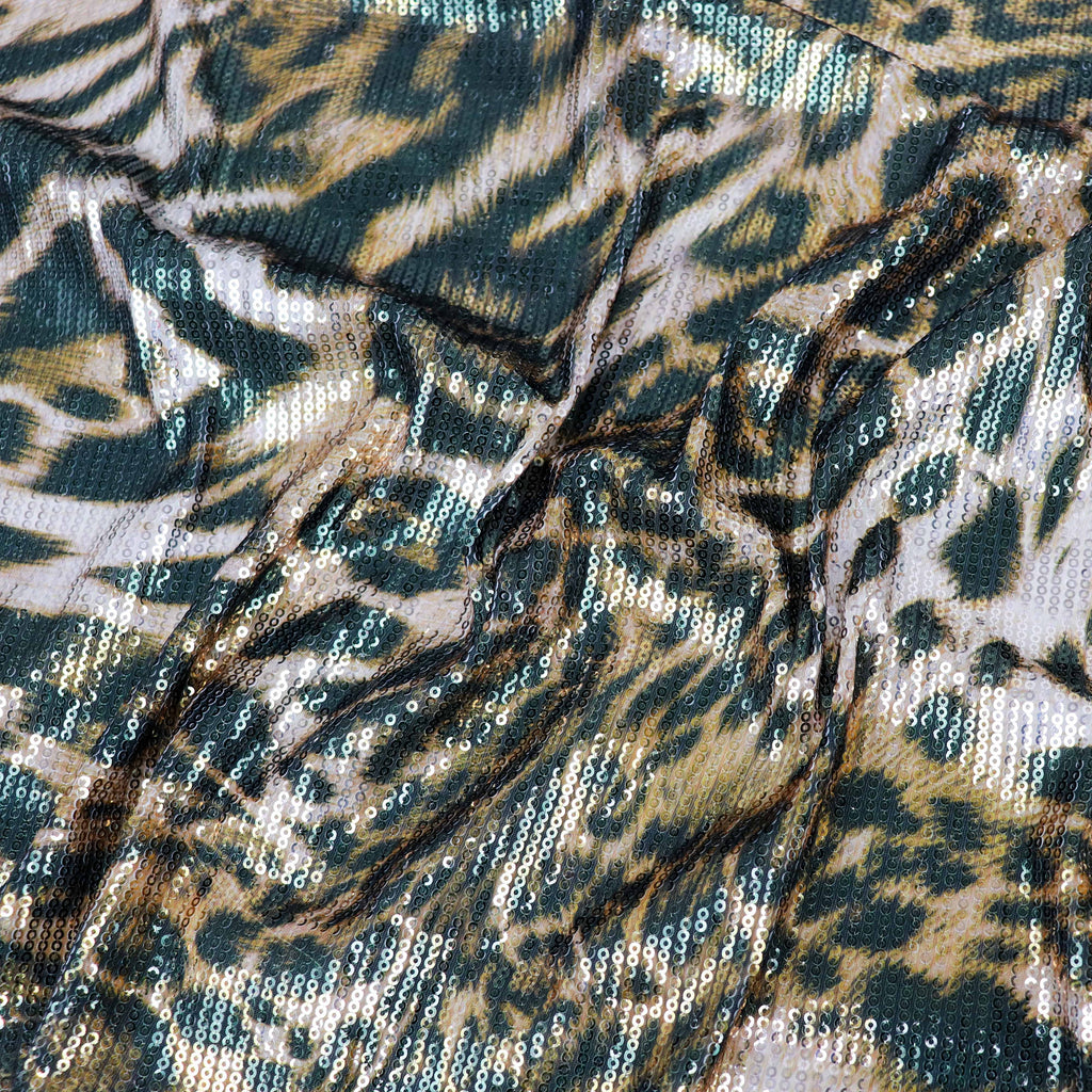 Brown Leopard Print Stretch Sequin Fabric