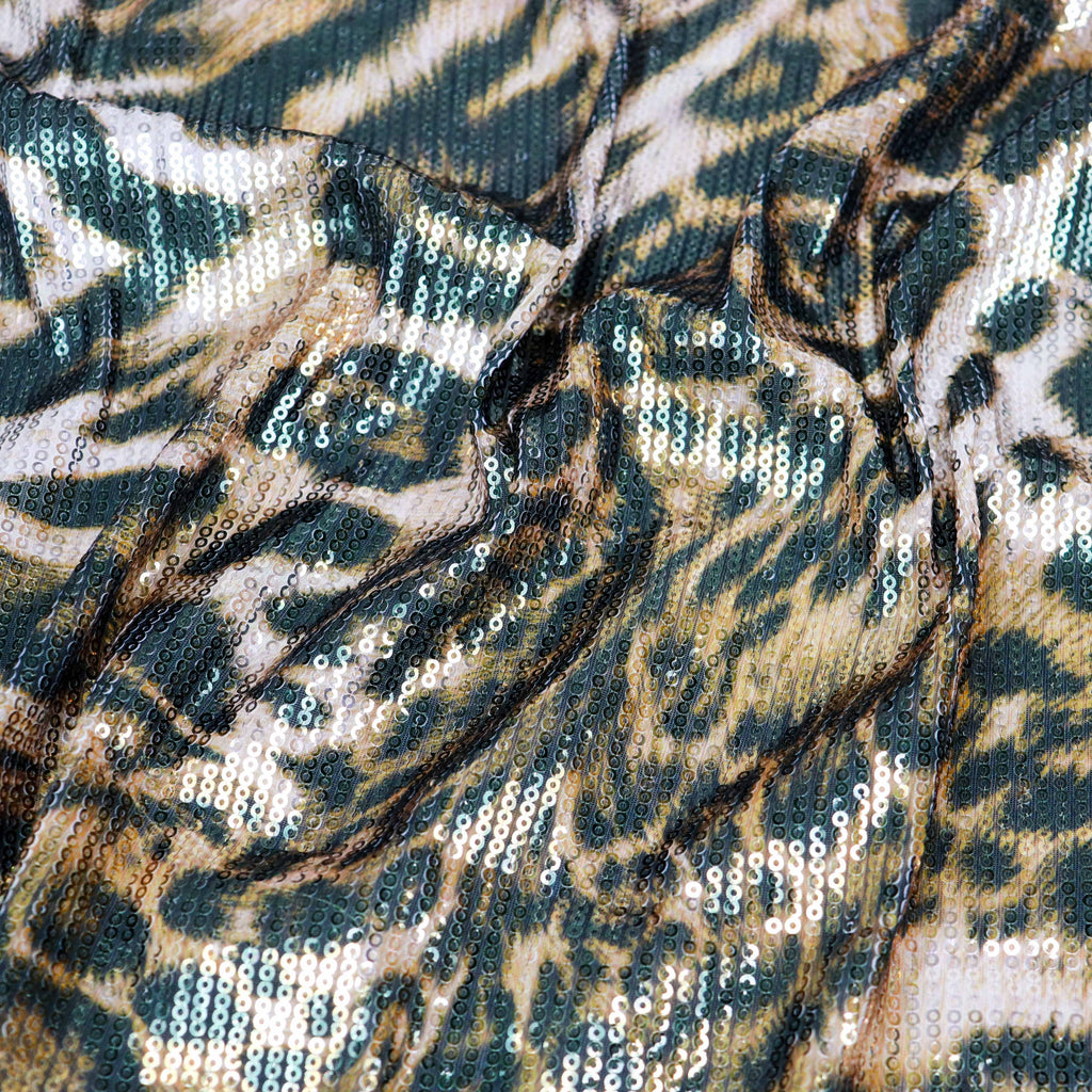 Brown Leopard Print Stretch Sequin Fabric
