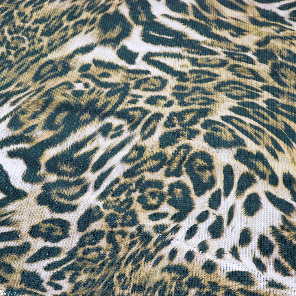 Brown Leopard Print Stretch Sequin Fabric