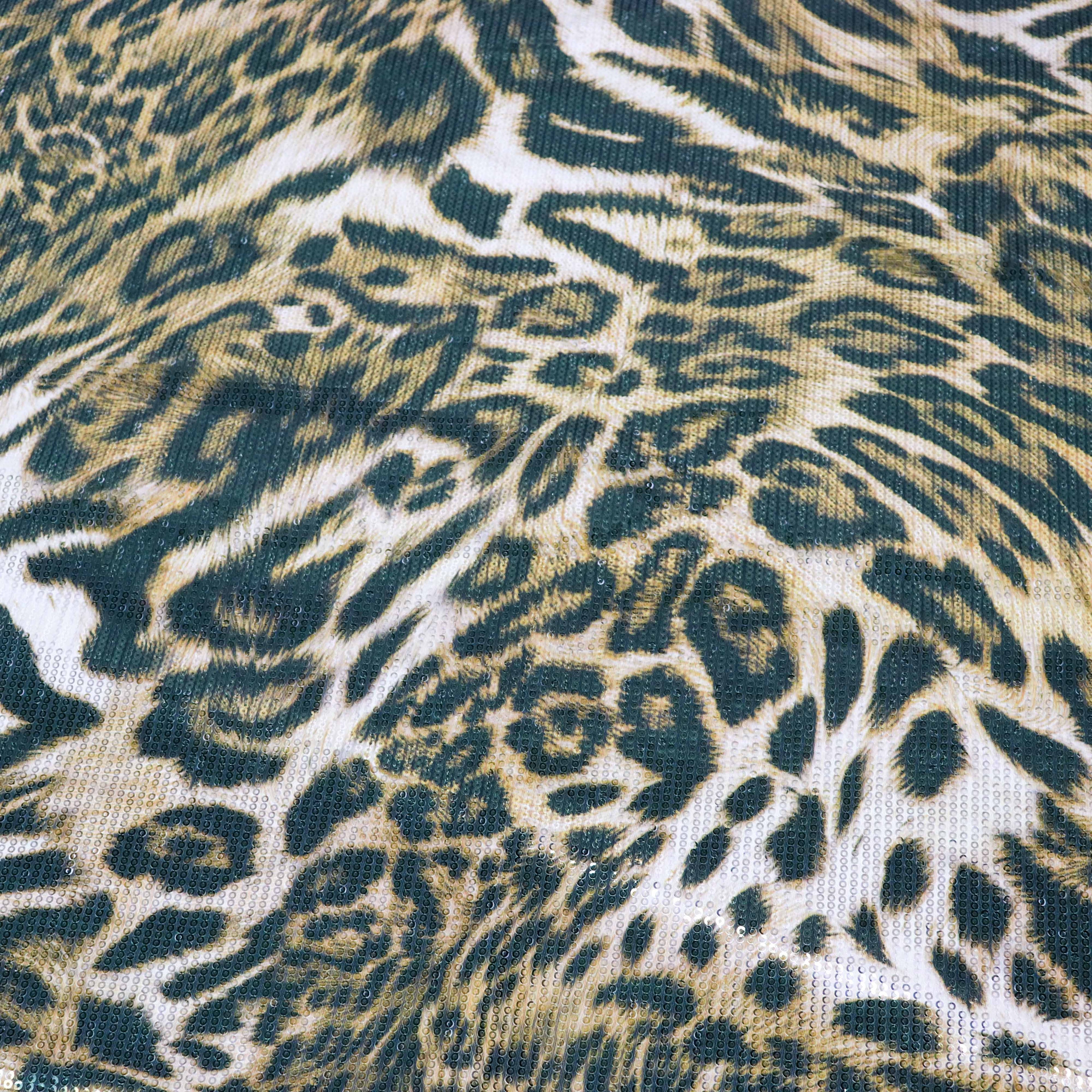 Brown Leopard Print Stretch Sequin Fabric