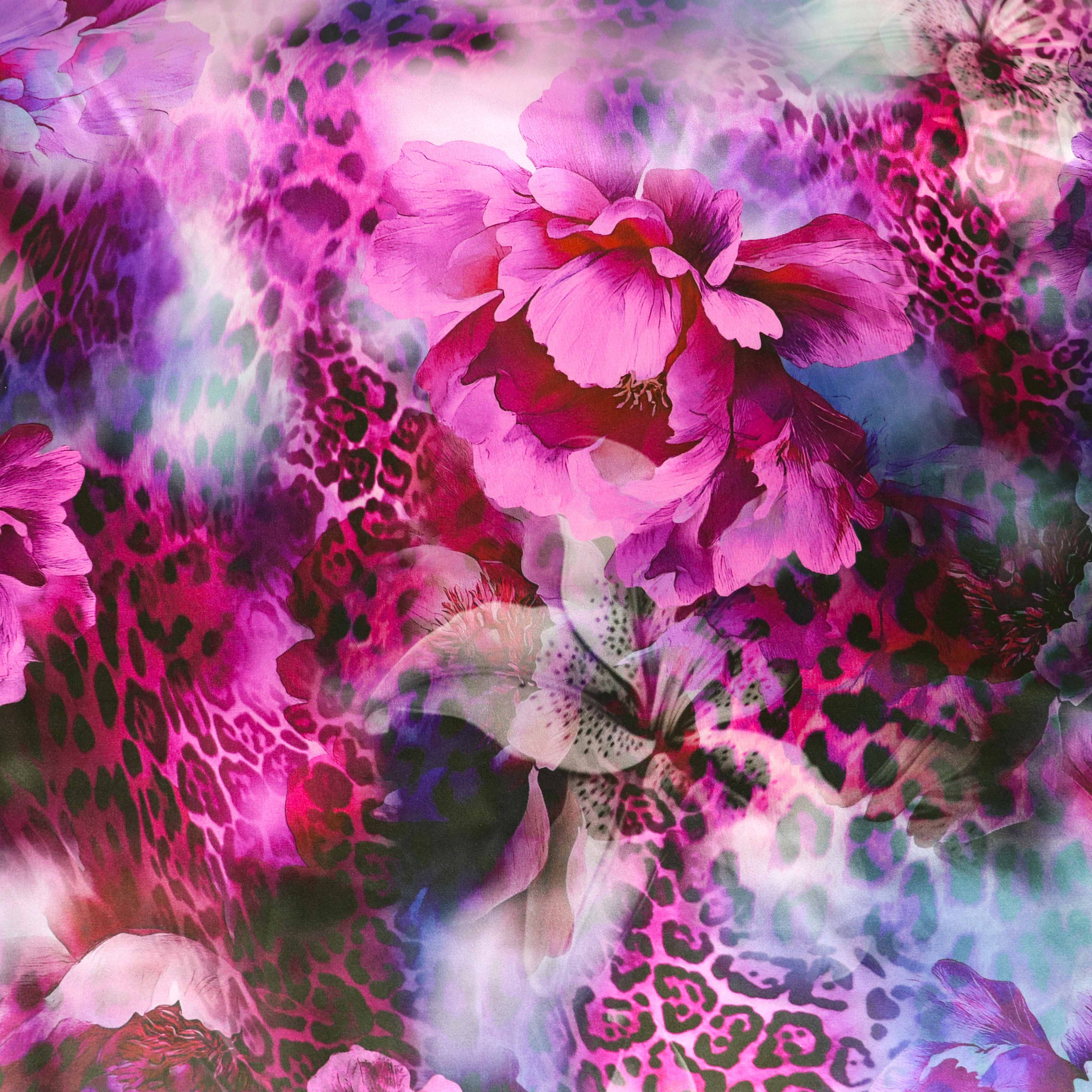 Pink floral leopard print stretch satin dress fabric