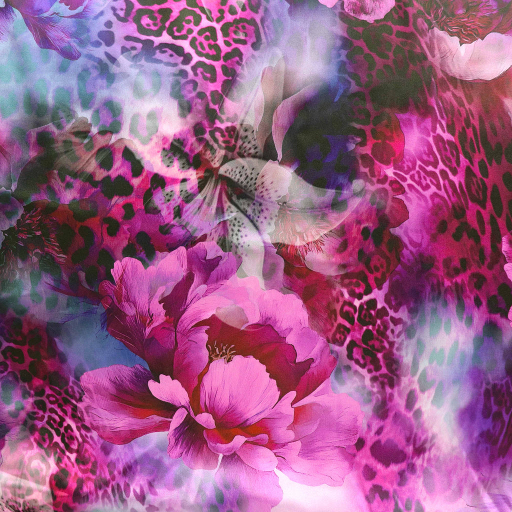 Pink floral leopard print stretch satin dress fabric