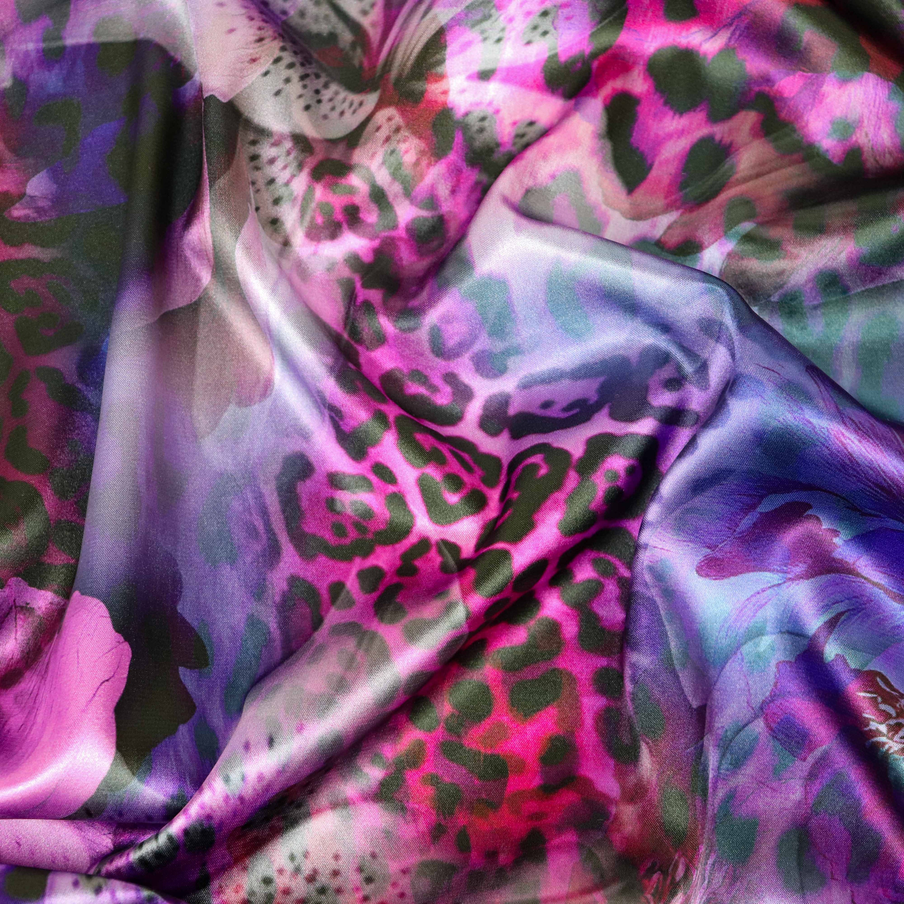 Pink floral leopard print stretch satin dress fabric