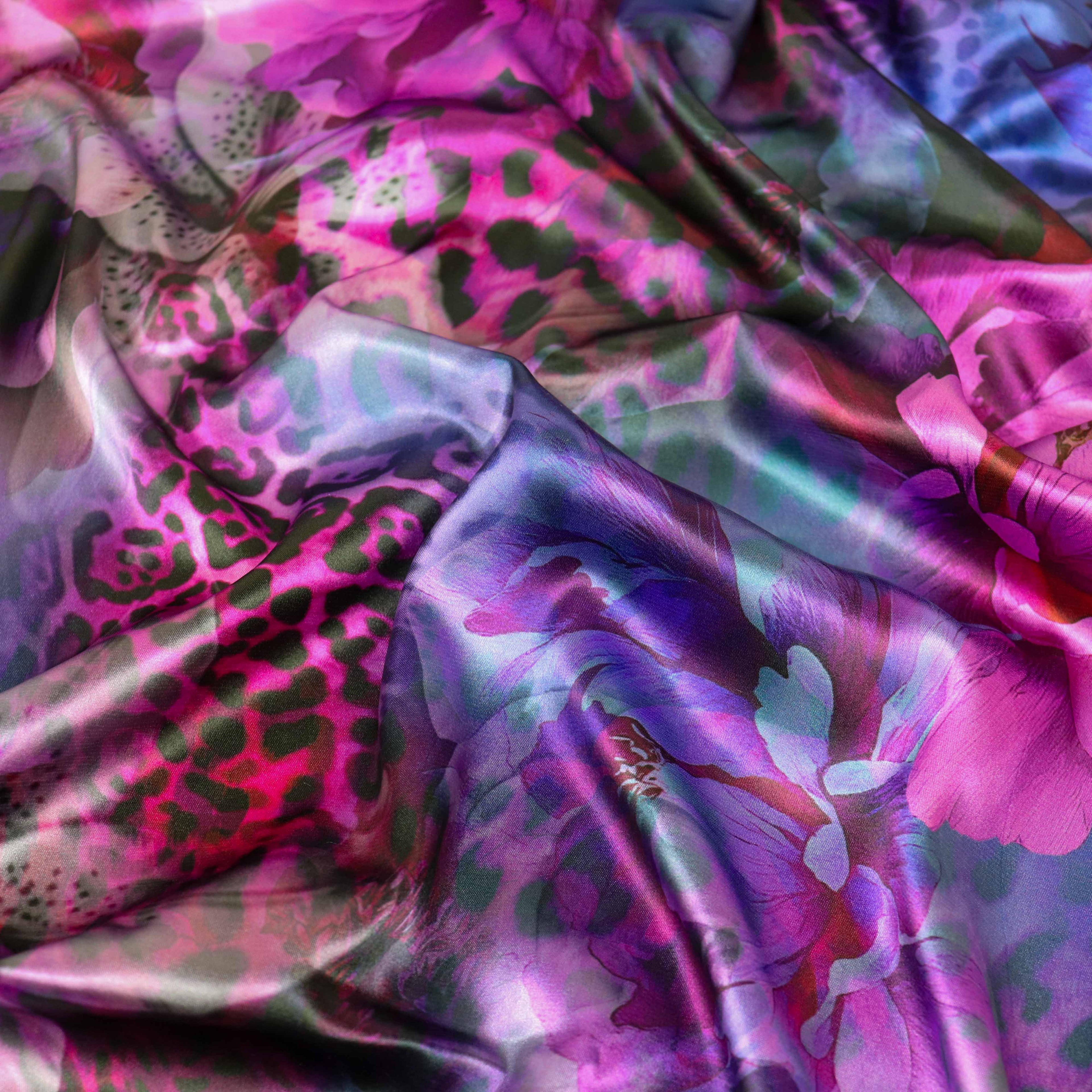 Pink floral leopard print stretch satin dress fabric