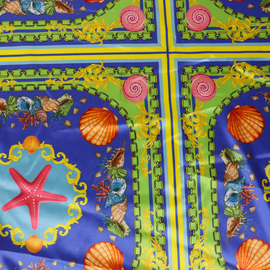 Blue Nautical Seashell Starfish Scarf Print Stretch Satin Fabric