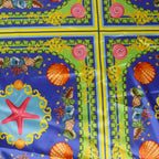 Blue Nautical Seashell Starfish Scarf Print Stretch Satin Fabric